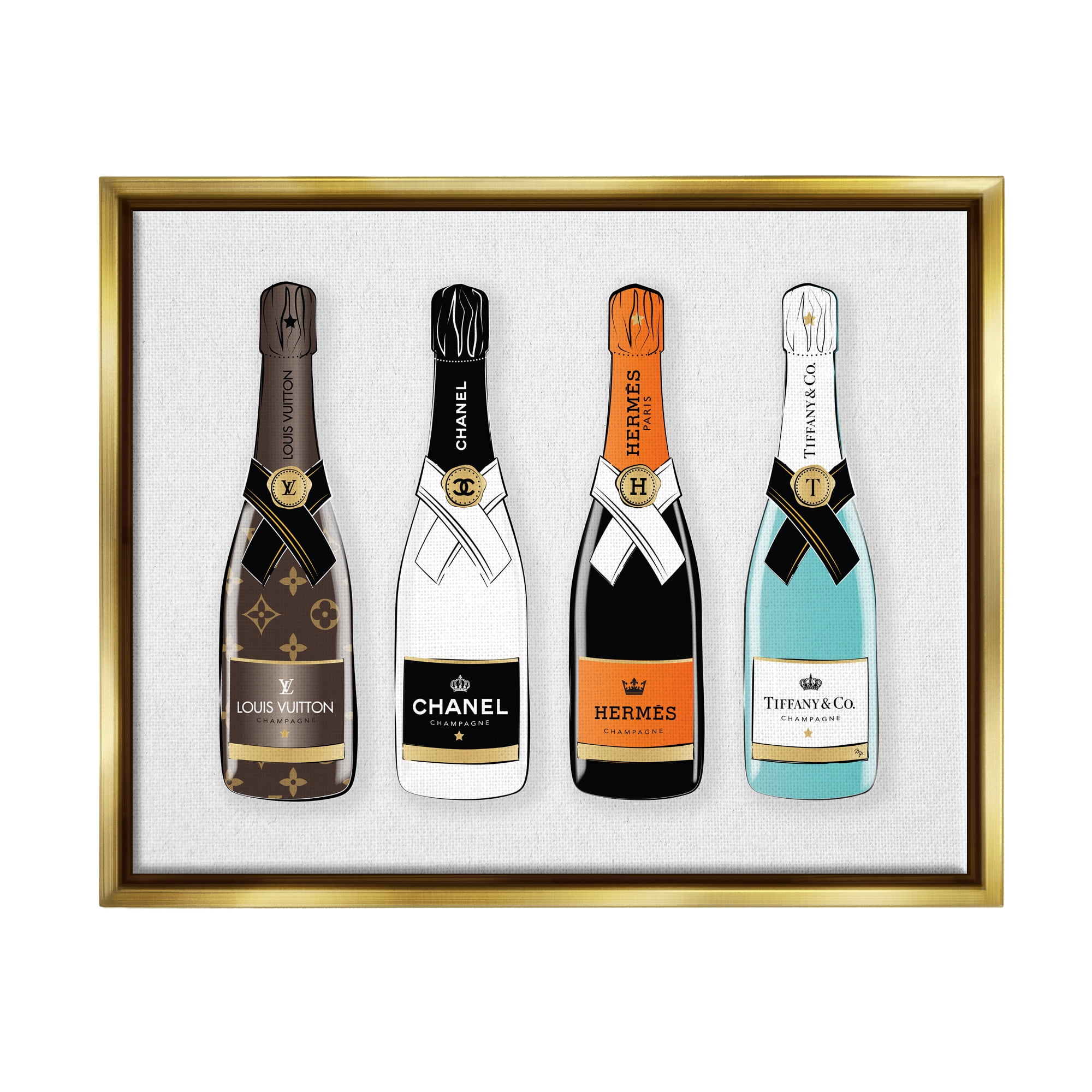 Stupell Industries Glam Fashion Champagne Bottles Style Brand Metallic Gold Framed Floating Canvas Wall Art, 24x30, by Martina Pavlova