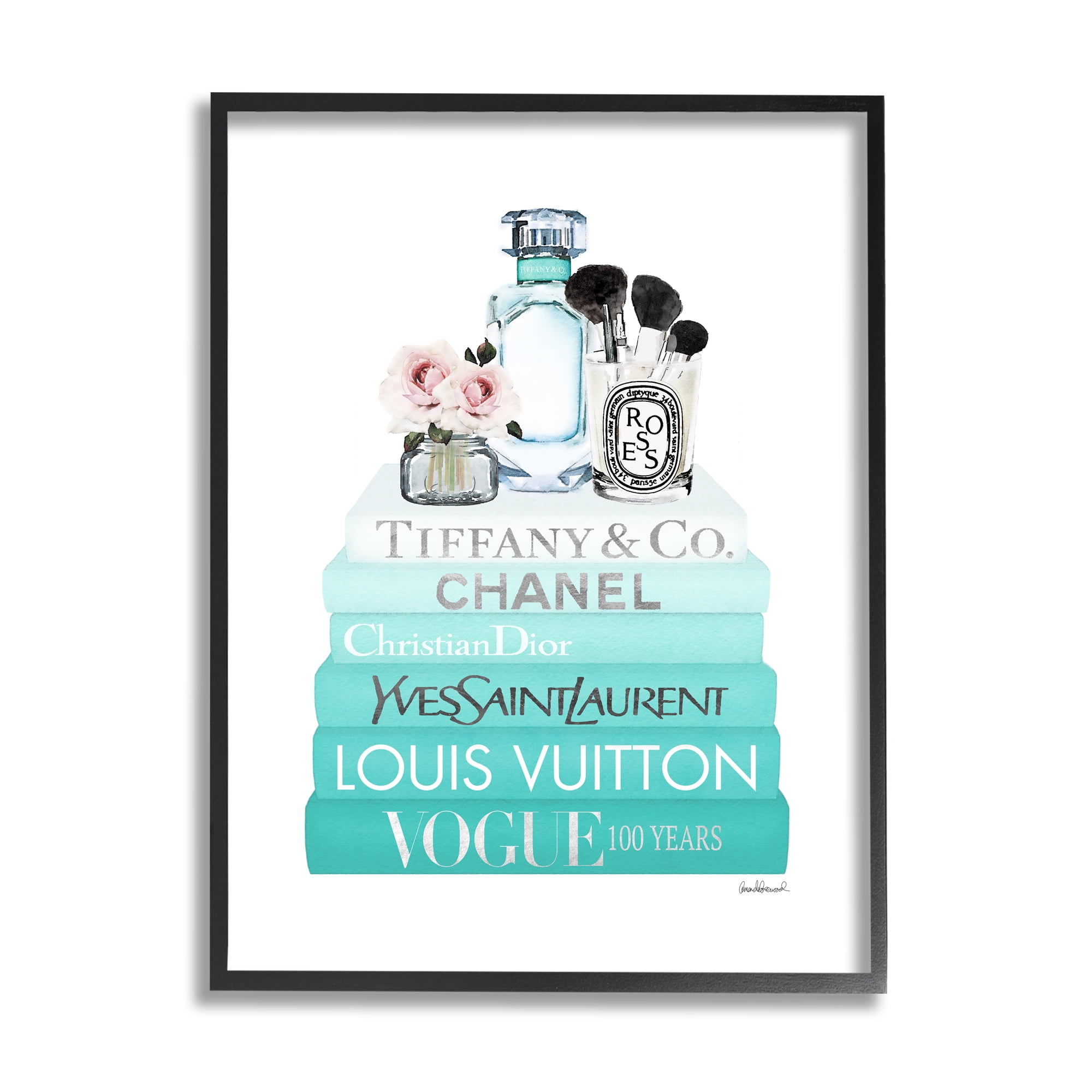 Stupell Industries Glam Fashion Cosmetics Soft Roses Blue Bookstack Beauty & Fashion Painting Black Framed Art Print Wall Art, 11 x 14