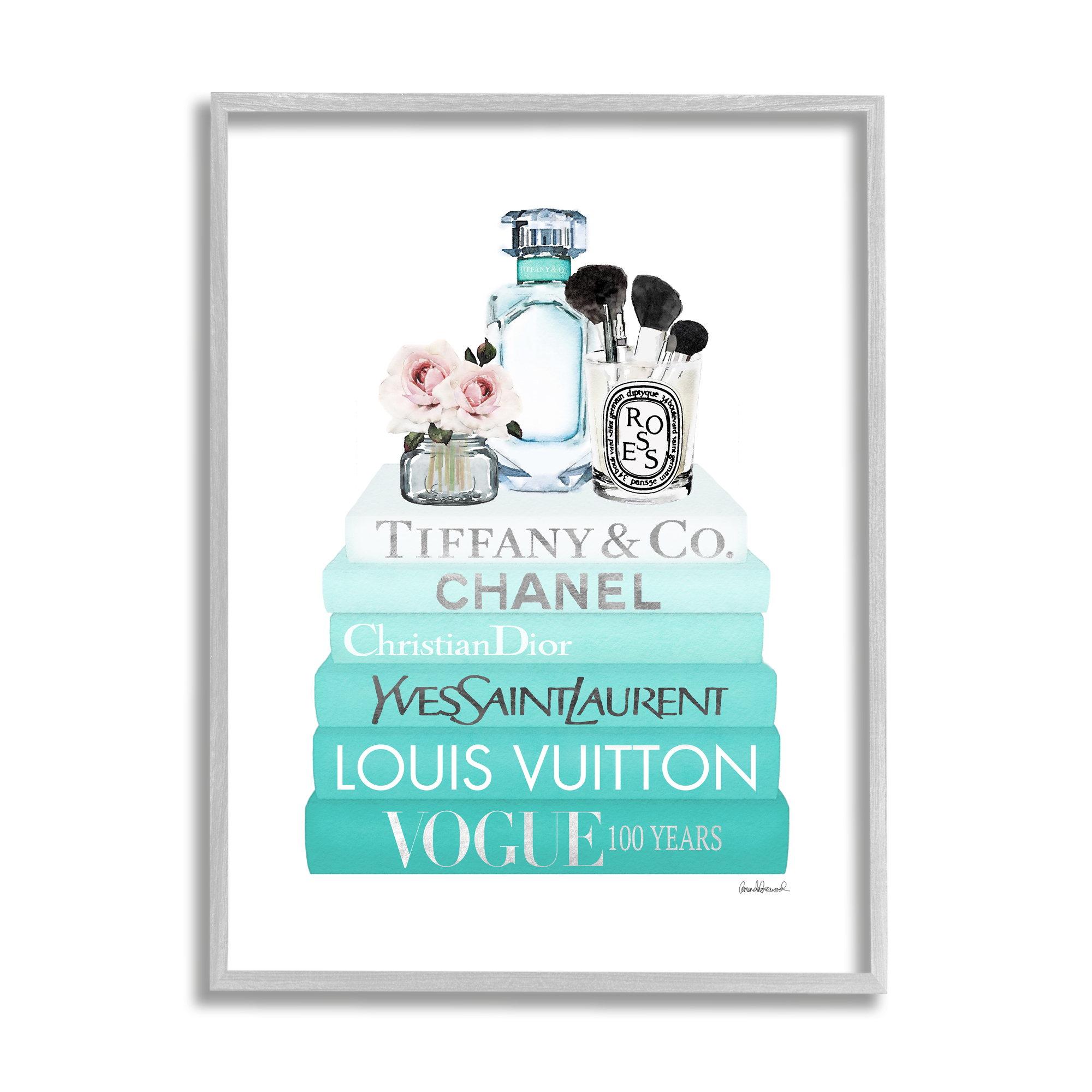 Stupell Industries Glam Fashion Cosmetics Soft Roses Blue Bookstack Glam Painting Gray Framed Art Print Wall Art, 16 x 20, Design by Amanda Greenwood