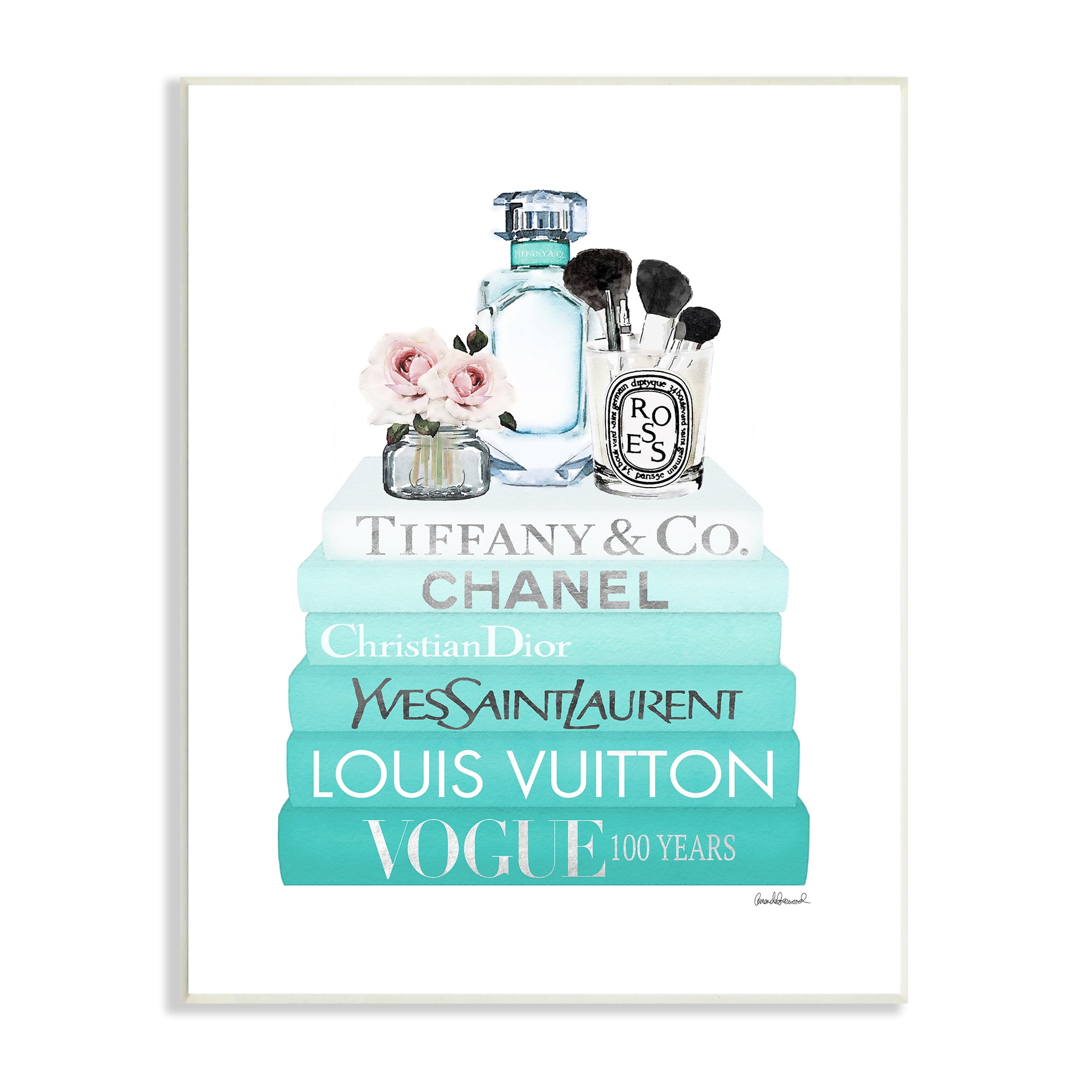 Stupell Industries Glam Fashion Cosmetics Soft Roses Blue Bookstack Glam Painting Unframed Art Print Wall Art, 10 x 15, Design by Amanda Greenwood
