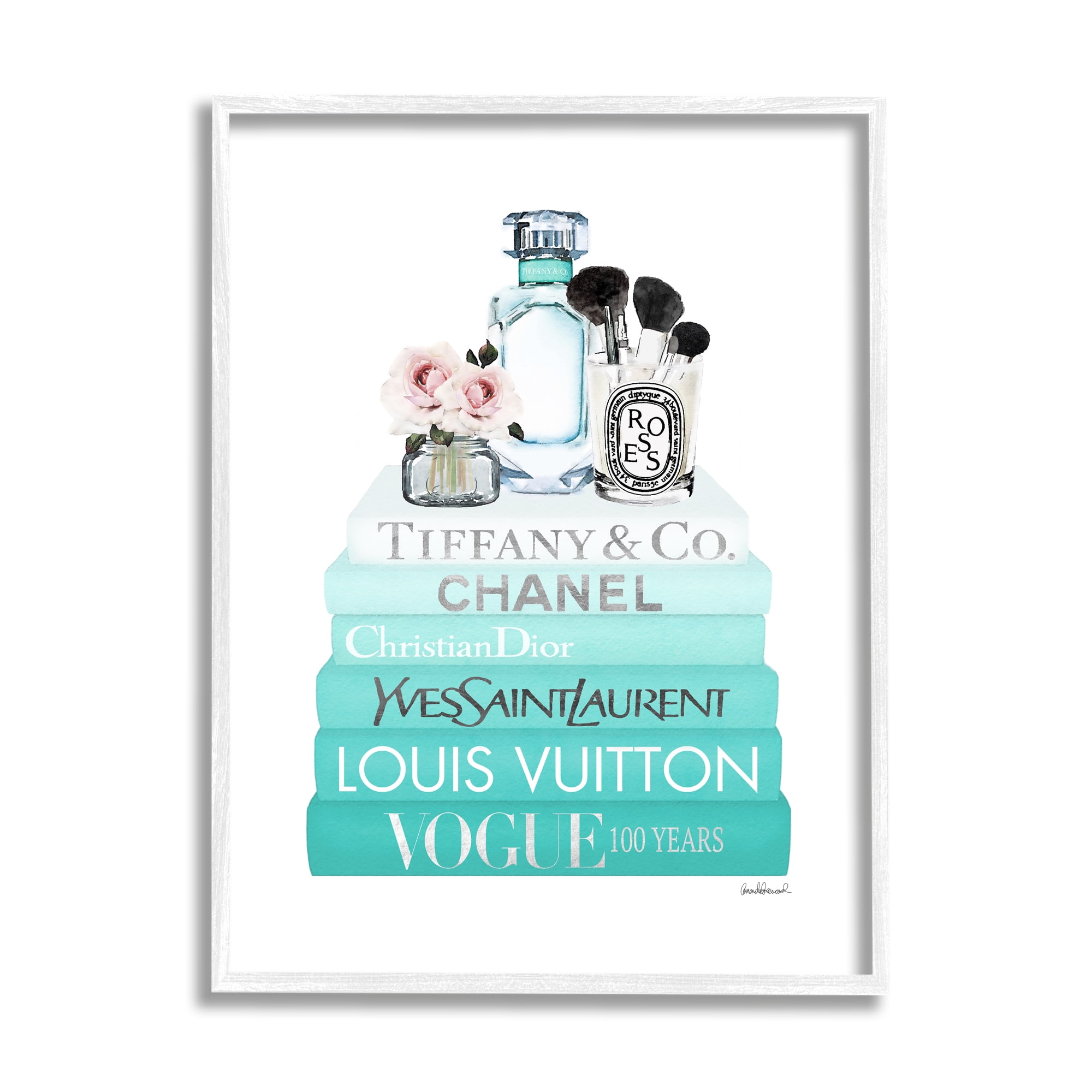 Stupell Industries Glam Fashion Cosmetics Soft Roses Blue Bookstack Glam Painting White Framed Art Print Wall Art, 11 x 14, Design by Amanda Greenwood