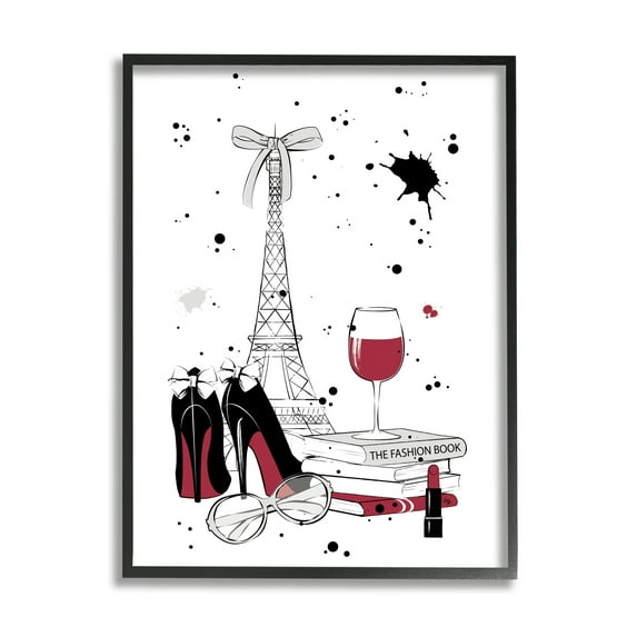 Stupell Industries Glam Fashion Eifel Tower Fashion Books Red Wine Beauty & Fashion Painting Black Framed Art Print Wall Art, 16 x 20
