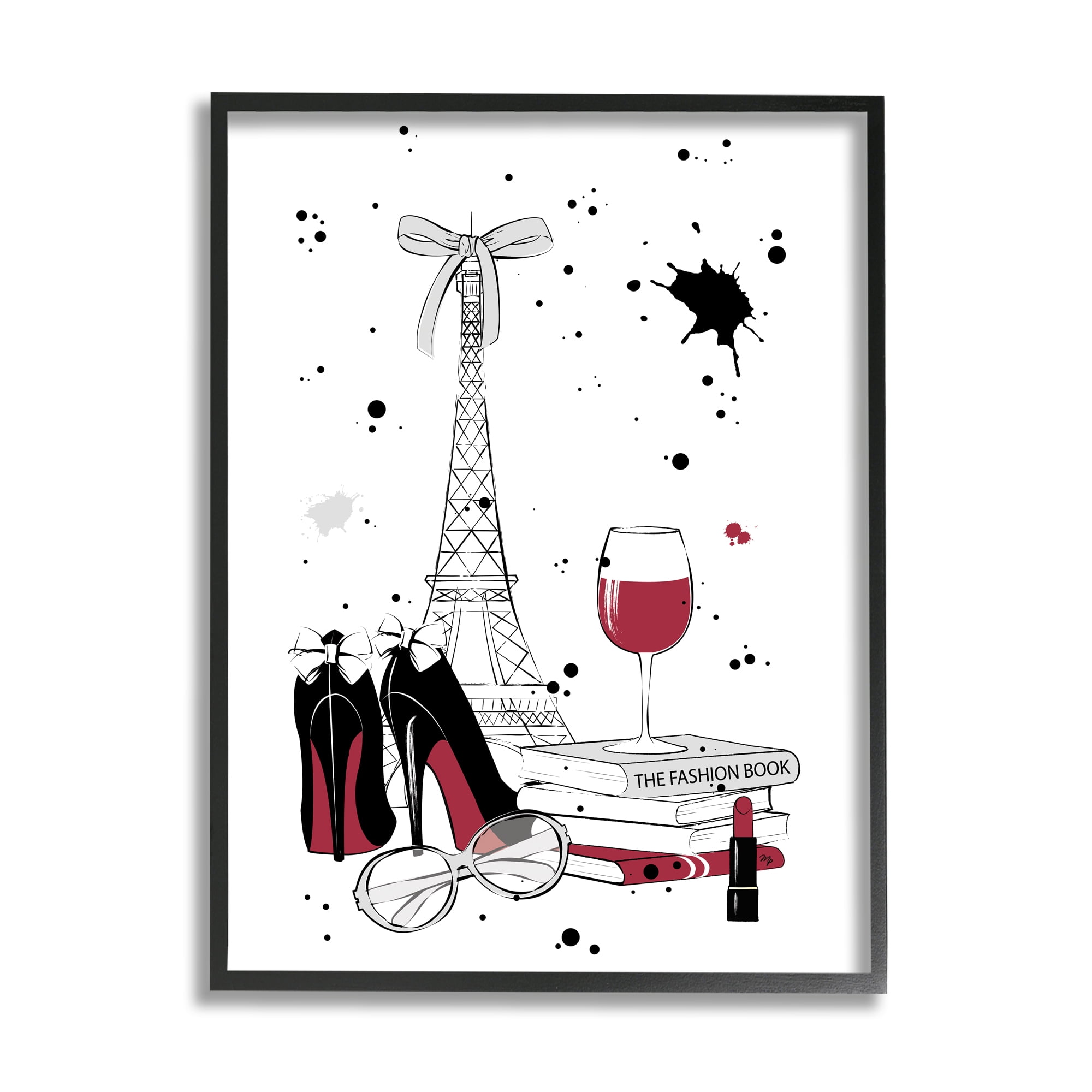 Stupell Industries Glam Fashion Eifel Tower Fashion Books Red Wine Beauty & Fashion Painting Black Framed Art Print Wall Art, 24 x 30