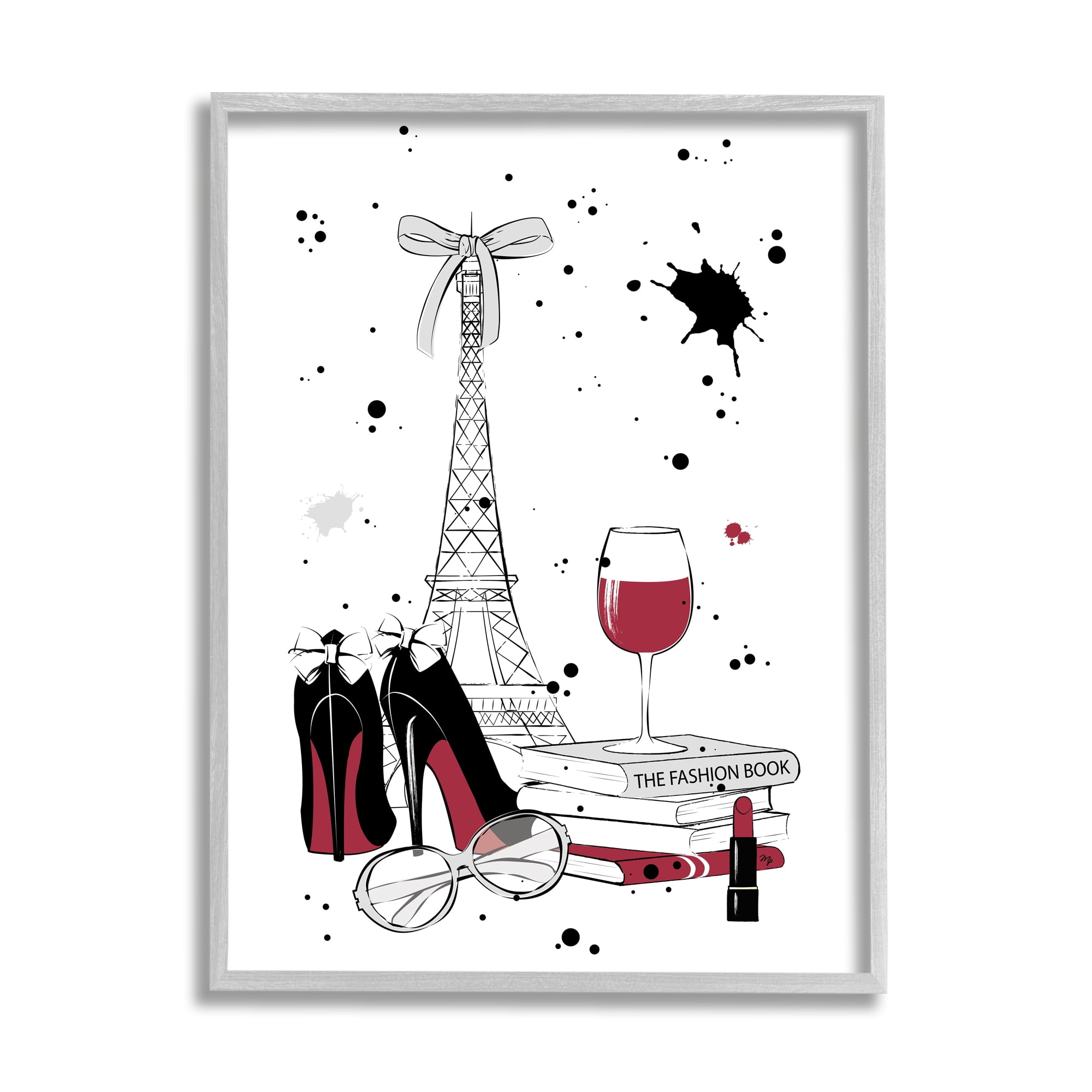 Stupell Industries Glam Fashion Eifel Tower Fashion Books Red Wine Beauty & Fashion Painting Gray Framed Art Print Wall Art, 24 x 30