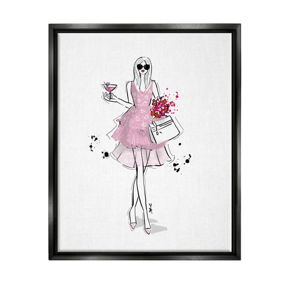 Stupell Industries Glam Fashion Party Girl Graphic Art Jet Black Floating Framed Canvas Print Wall Art, Design by Alison Petrie