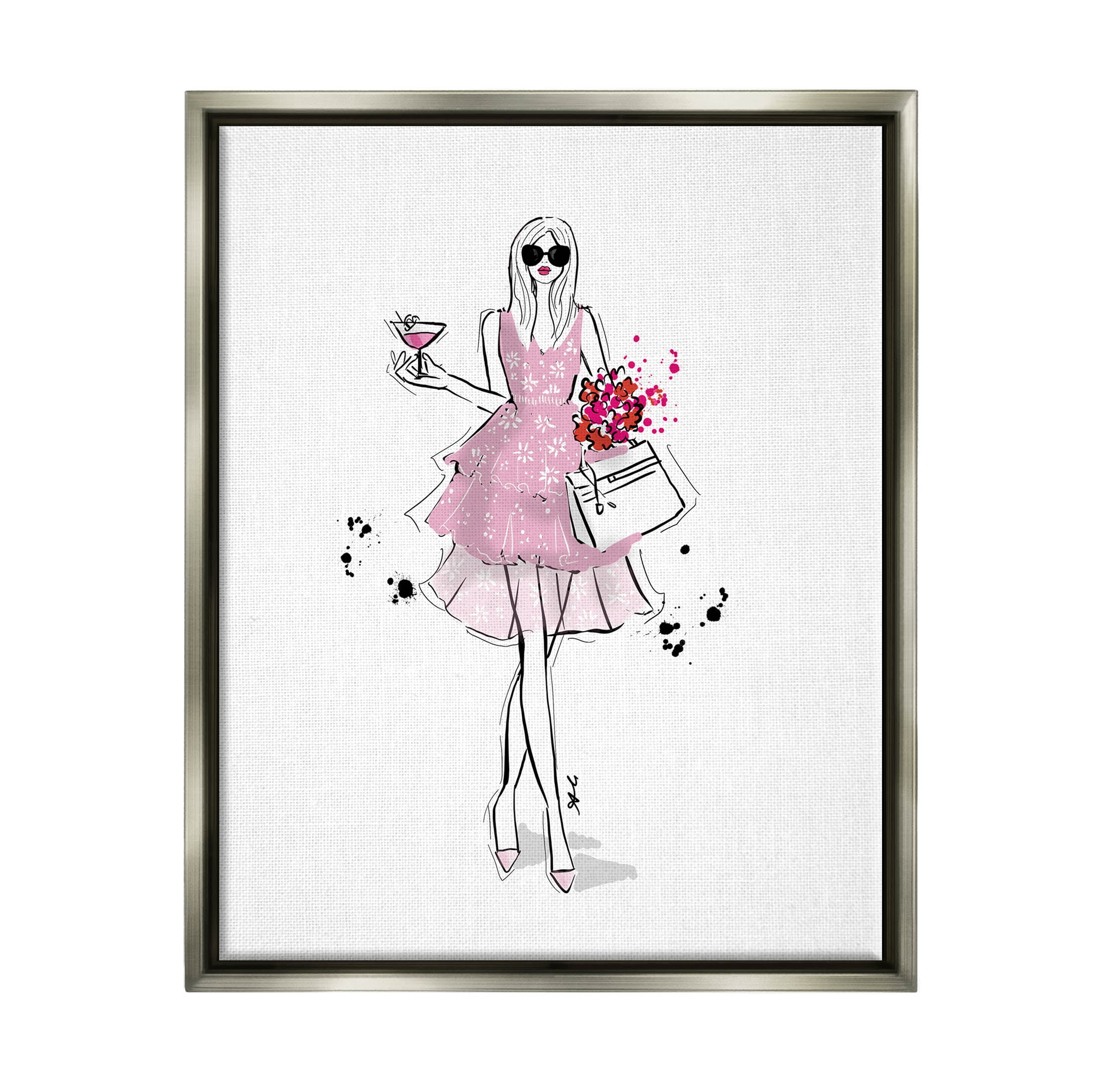 Stupell Industries Glam Fashion Party Girl Graphic Art Luster Gray Floating Framed Canvas Print Wall Art, Design by Alison Petrie
