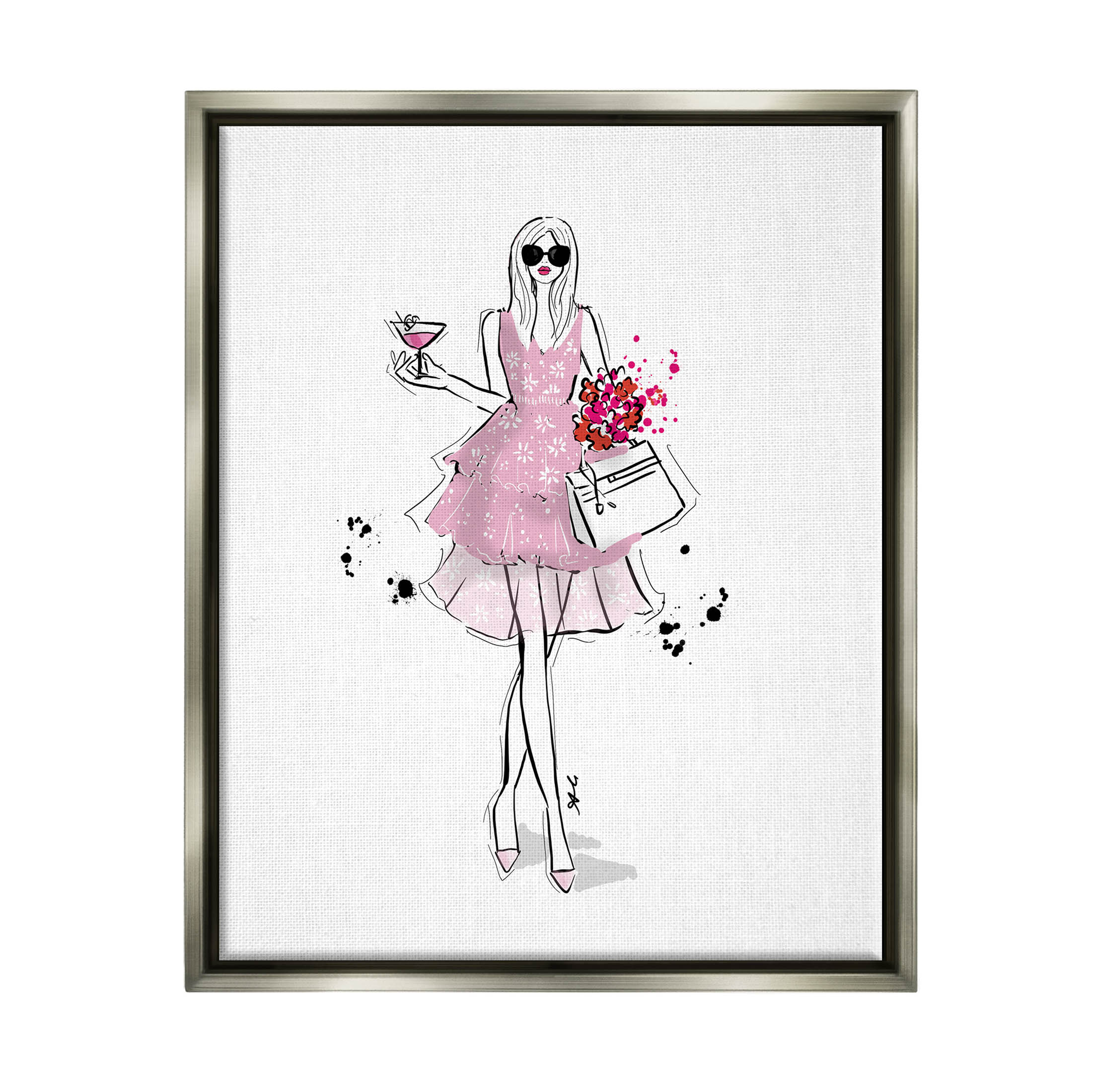 Stupell Industries Glam Fashion Party Girl Graphic Art Luster Gray Floating Framed Canvas Print Wall Art, Design by Alison Petrie