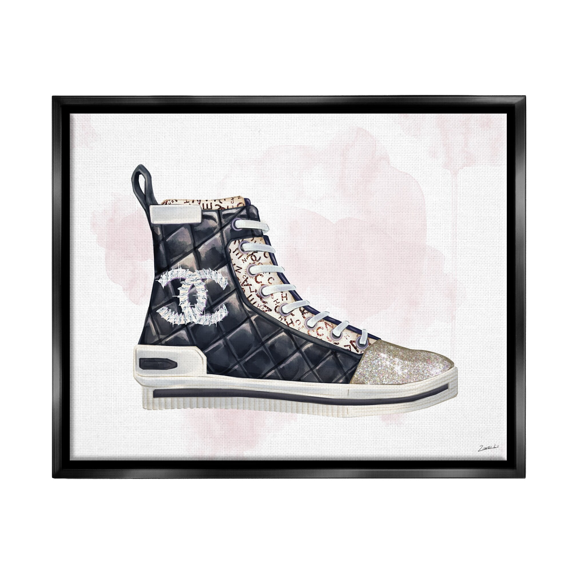 Stupell Industries Glam Fashion Quilted Sneaker Designer Style Jet Black Framed Floating Canvas Wall Art, 24x30, by Ziwei Li
