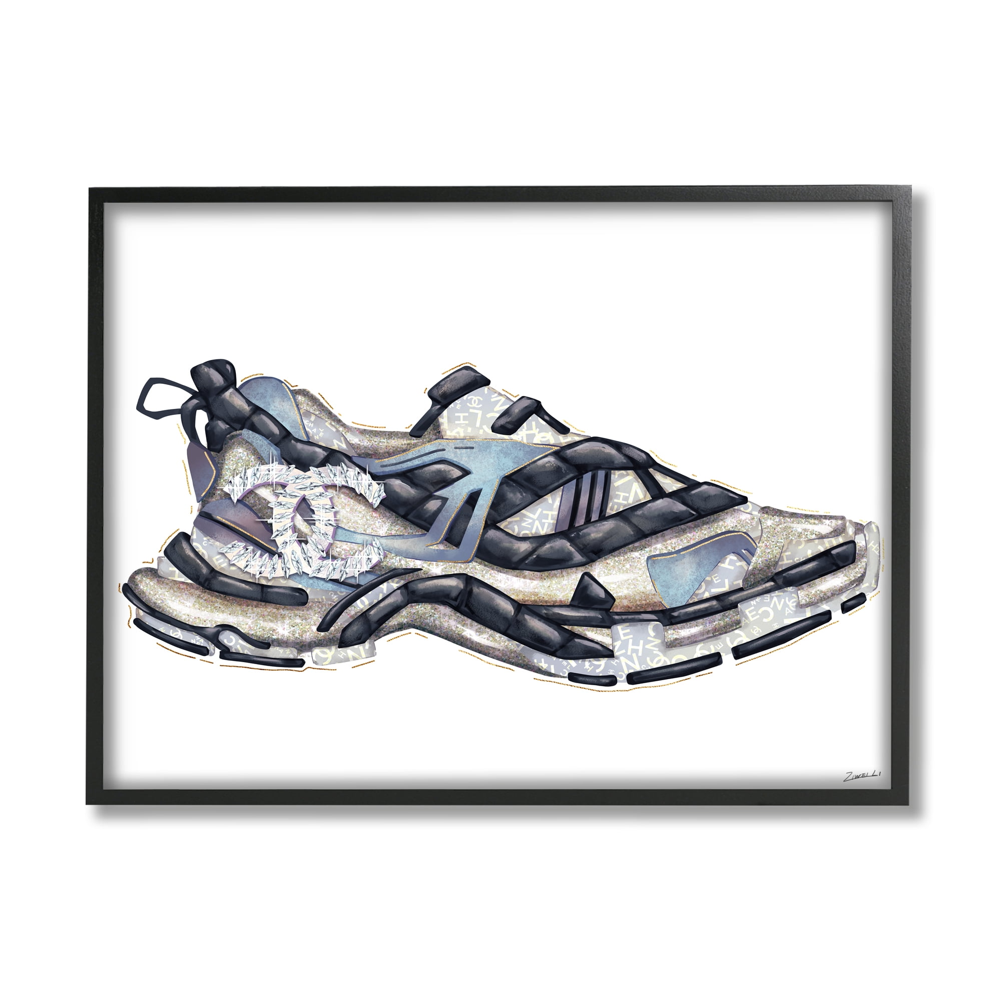 Stupell Industries Glam Fashion Running Shoe Sports Chic Sneaker Beauty & Fashion Painting Black Framed Art Print Wall Art, 11 x 14