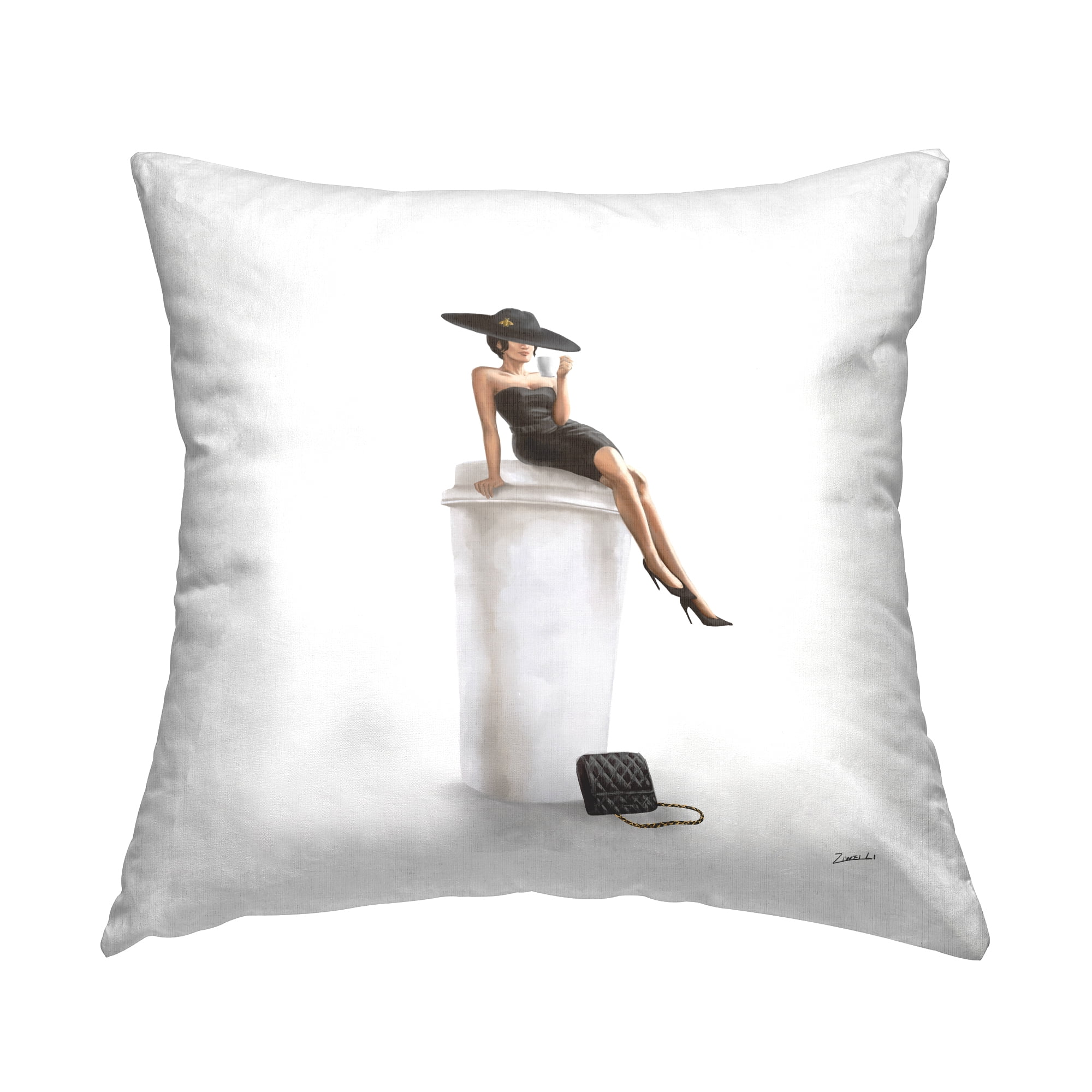 Stupell Industries Glam Fashion Woman Sipping Coffee Chic Dress Design by Ziwei Li Throw Pillow