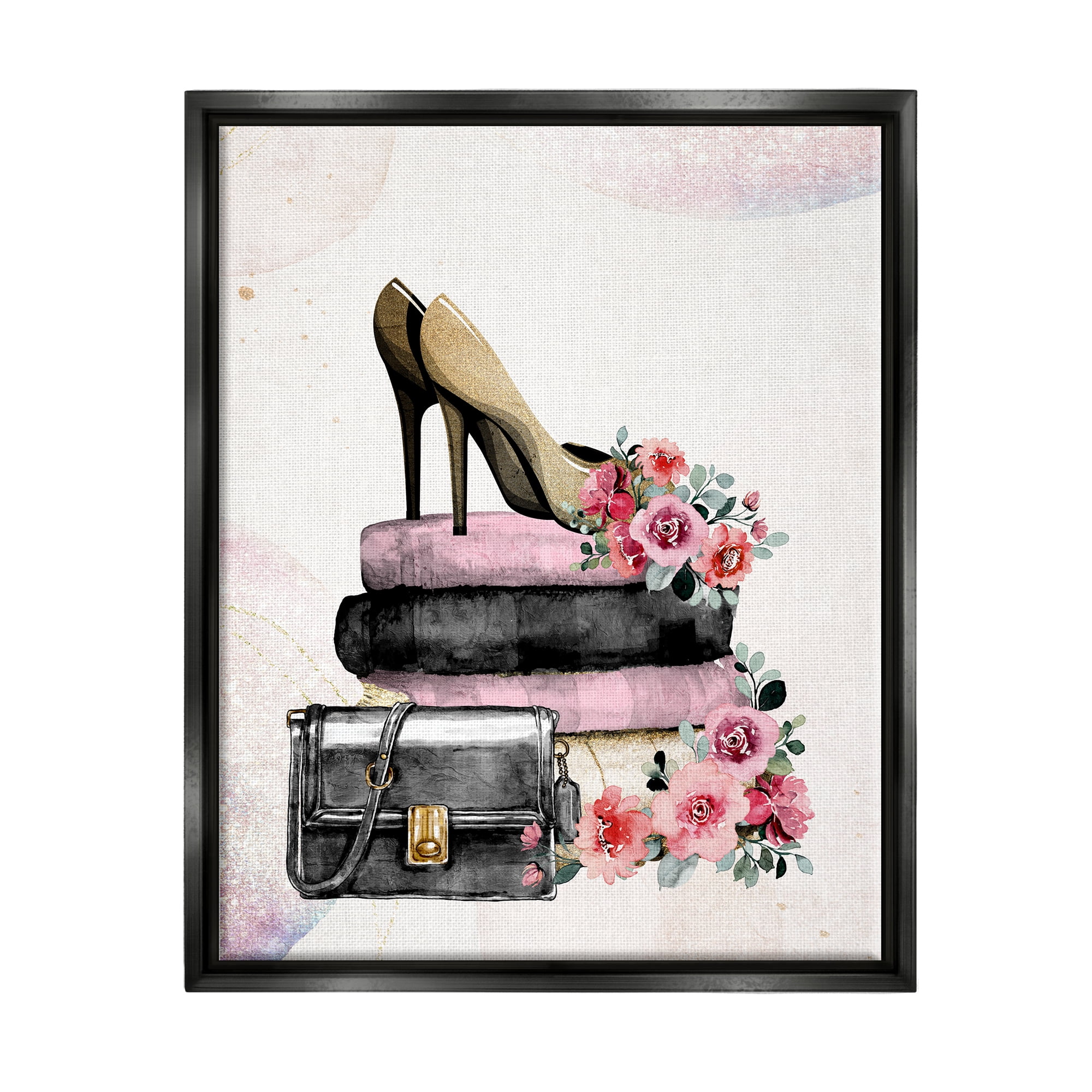 Stupell Industries Glam Floral Heels Botanical & Floral Painting Black Floater Framed Canvas Art Print Wall Art, 25 x 31