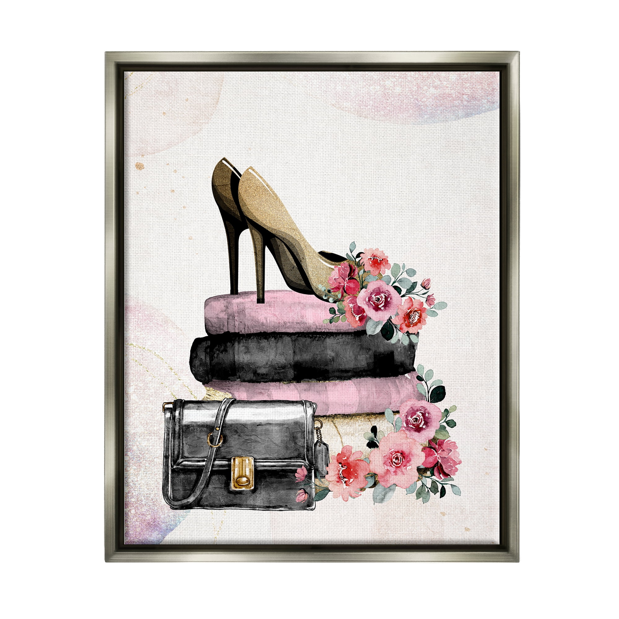 Stupell Industries Glam Floral Heels Botanical & Floral Painting Gray Floater Framed Canvas Art Print Wall Art, 17 x 21