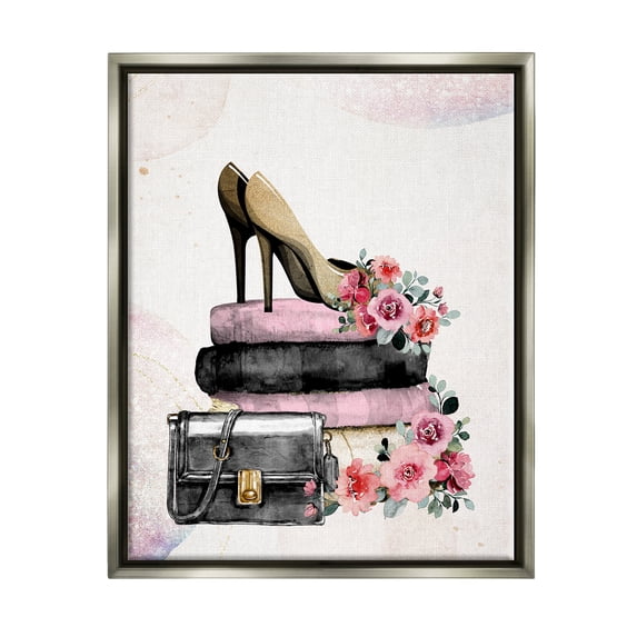 Stupell Industries Glam Floral Heels Botanical & Floral Painting Gray Floater Framed Canvas Art Print Wall Art, 17 x 21