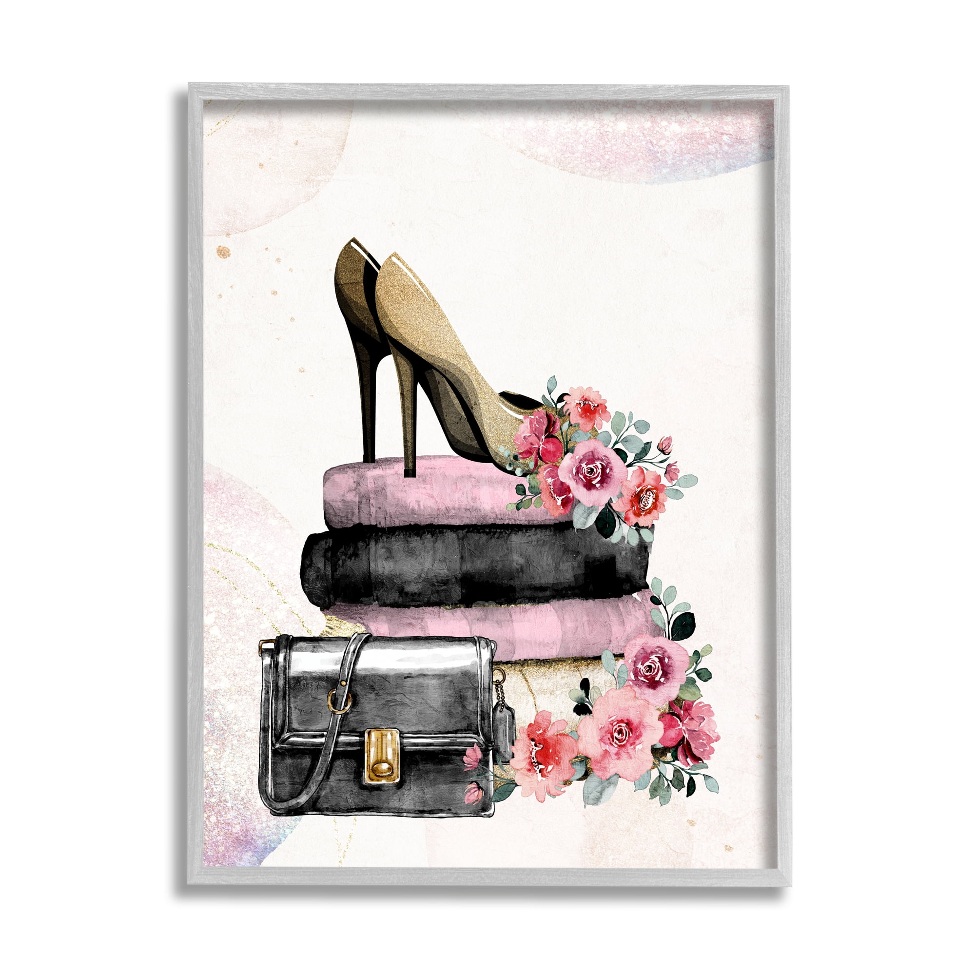 Stupell Industries Glam Floral Heels Botanical & Floral Painting Gray Framed Art Print Wall Art, 16 x 20
