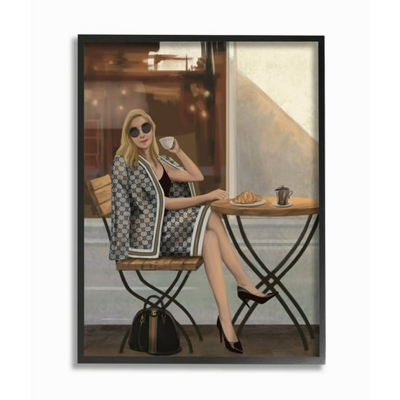 Stupell Industries Glam French Fashion Café Female Pose Coffee Framed Wall Art Design by Ziwei Li, 16" x 20", Black Framed