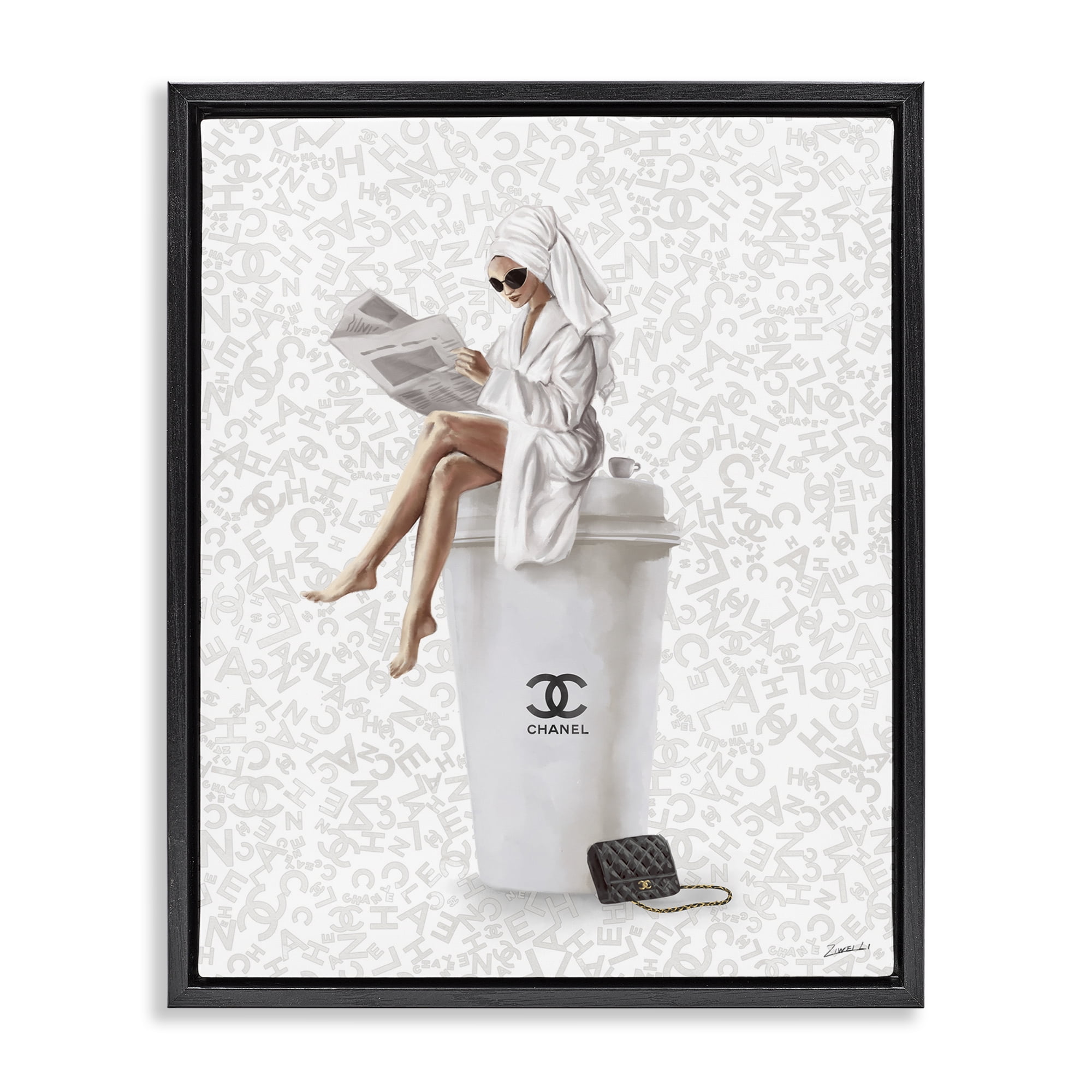 Stupell Industries Glam Girl Bathrobe Typography Painting Black Floater Framed Canvas Art Print Wall Art, 25 x 31