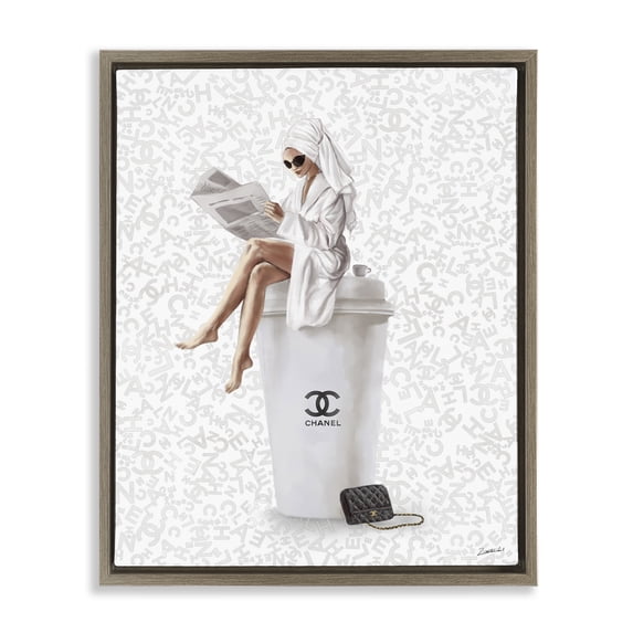 Stupell Industries Glam Girl Bathrobe Typography Painting Brown Floater Framed Canvas Art Print Wall Art, 17 x 21