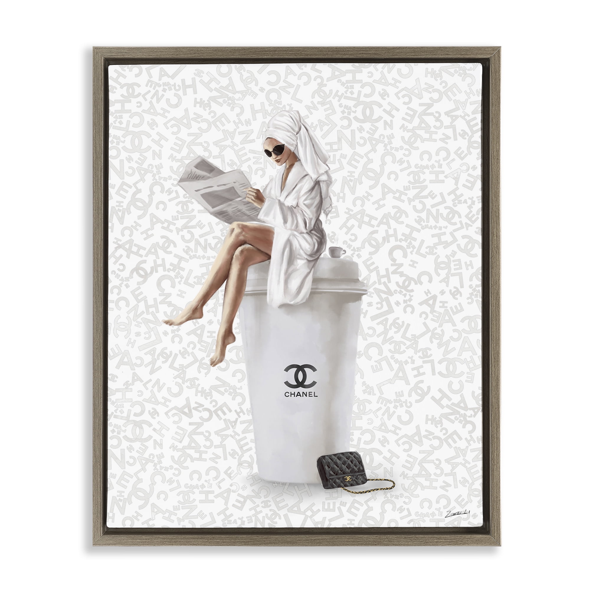 Stupell Industries Glam Girl Bathrobe Typography Painting Brown Floater Framed Canvas Art Print Wall Art, 25 x 31