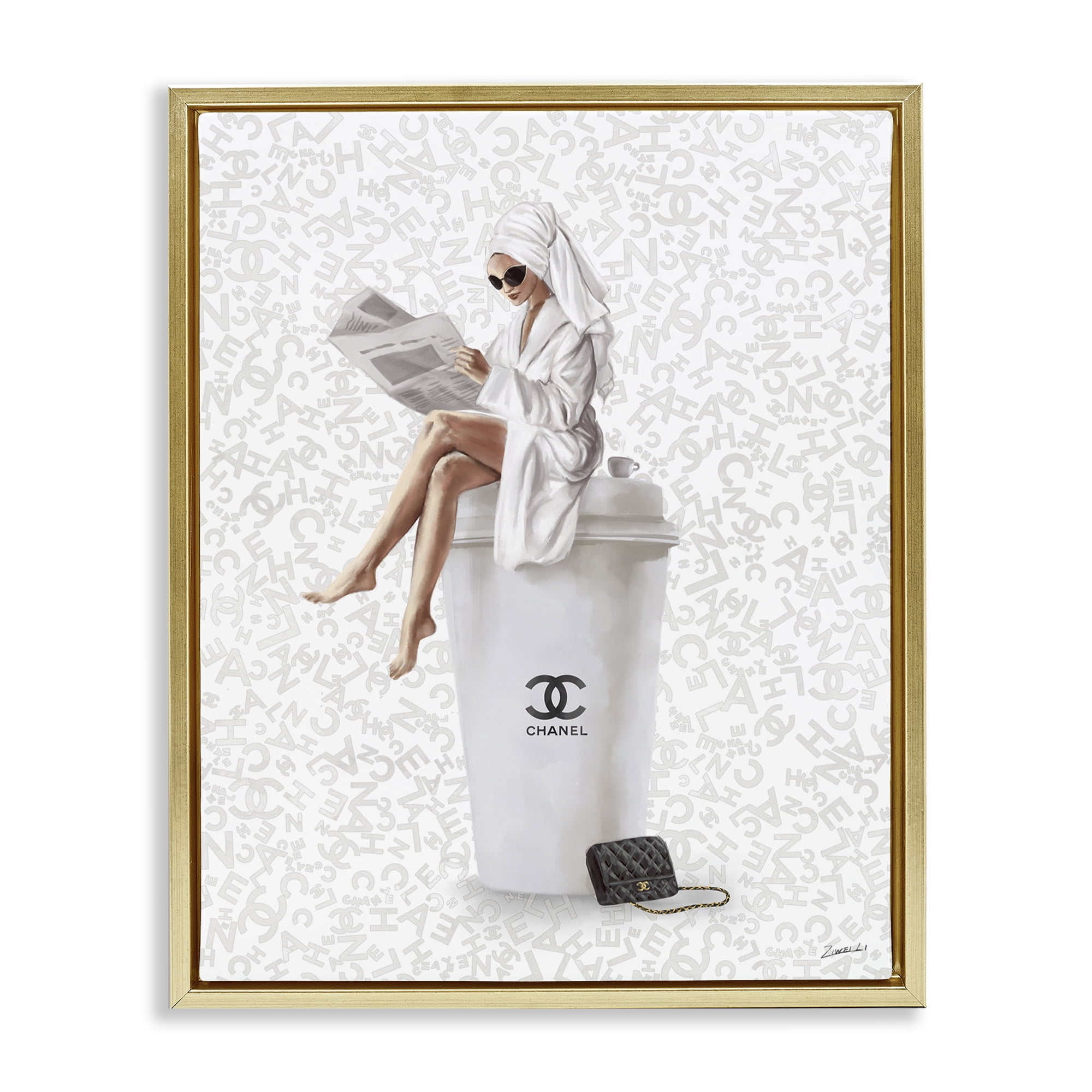 Stupell Industries Glam Girl Bathrobe Typography Painting Gold Floater Framed Canvas Art Print Wall Art, 25 x 31