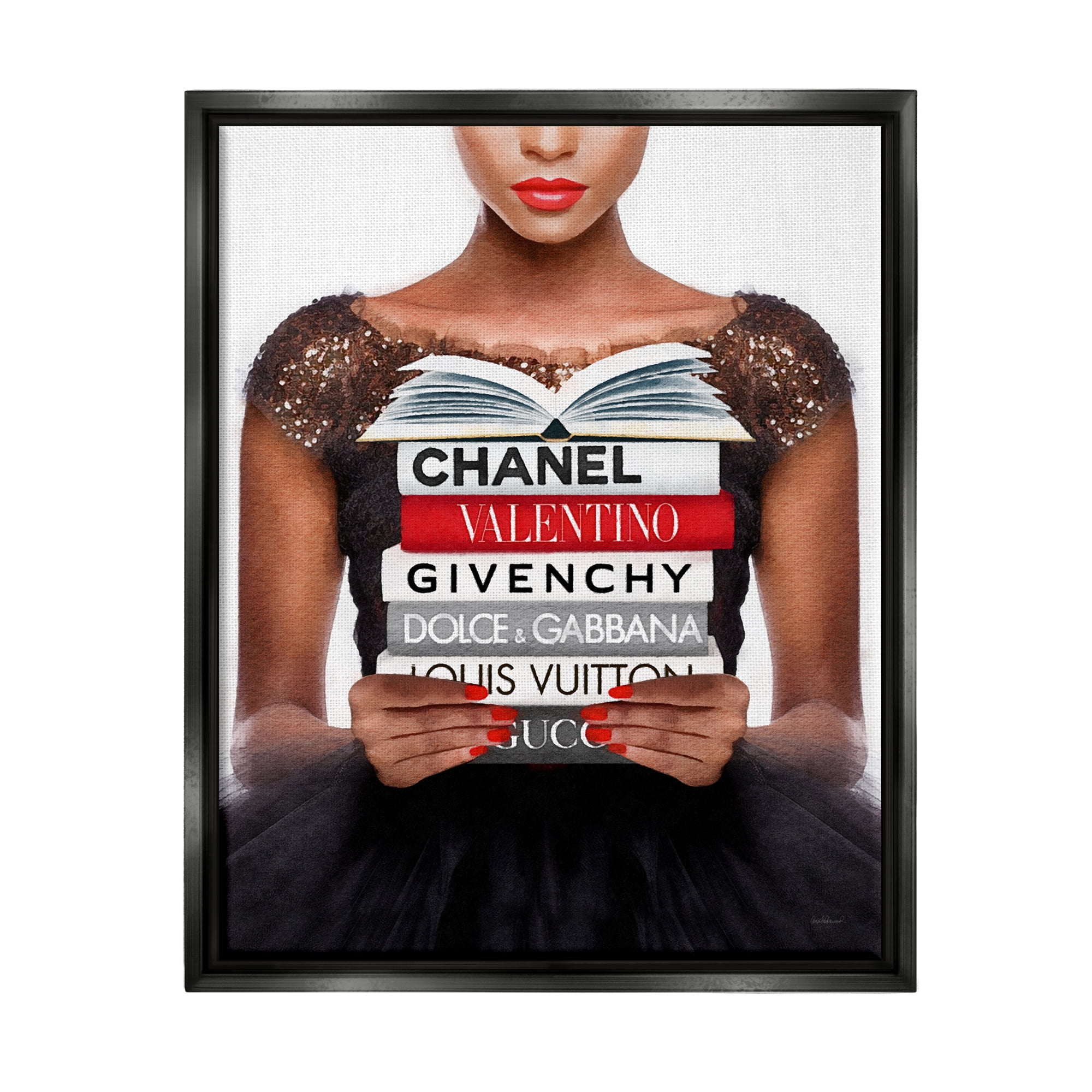 Stupell Industries Glam Girl & Books Beauty & Fashion Painting Black Floater Framed Canvas Art Print Wall Art, 17 x 21