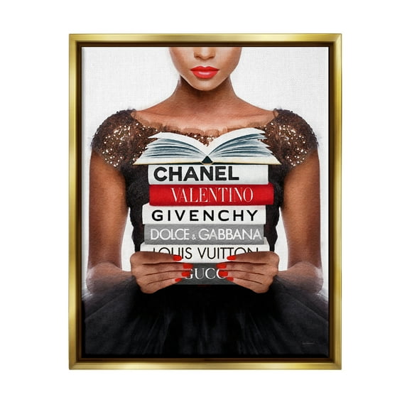 Stupell Industries Glam Girl & Books Beauty & Fashion Painting Gold Floater Framed Canvas Art Print Wall Art, 25 x 31
