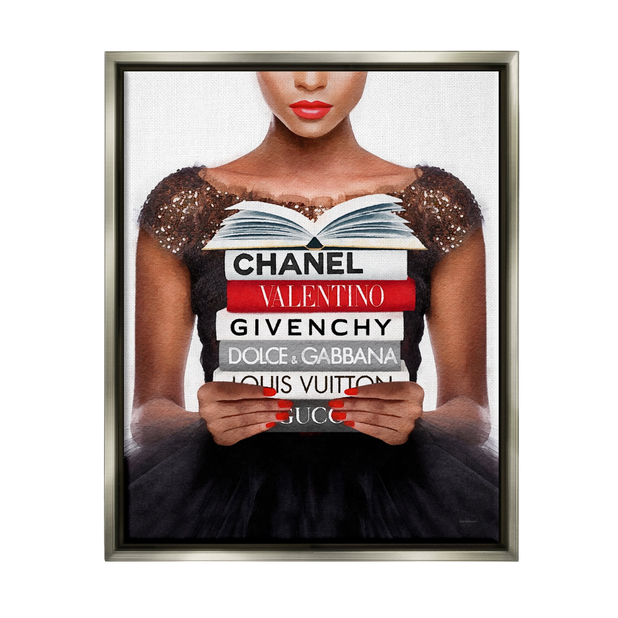 Stupell Industries Glam Girl & Books Beauty & Fashion Painting Gray Floater Framed Canvas Art Print Wall Art, 25 x 31