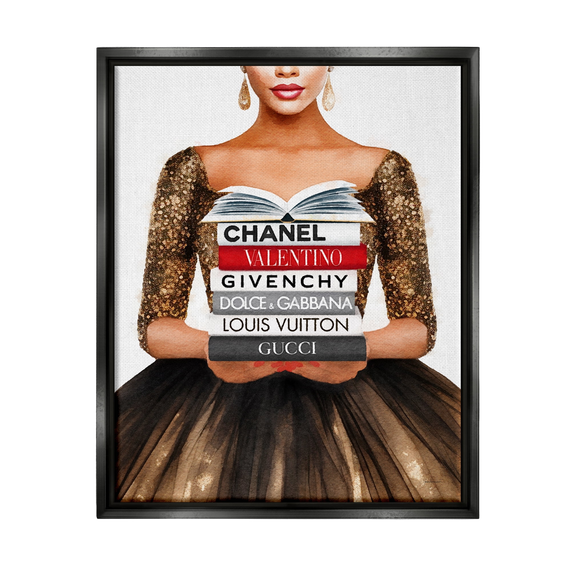 Stupell Industries Glam Girl & Bookstack Beauty & Fashion Painting Black Floater Framed Canvas Art Print Wall Art, 17 x 21
