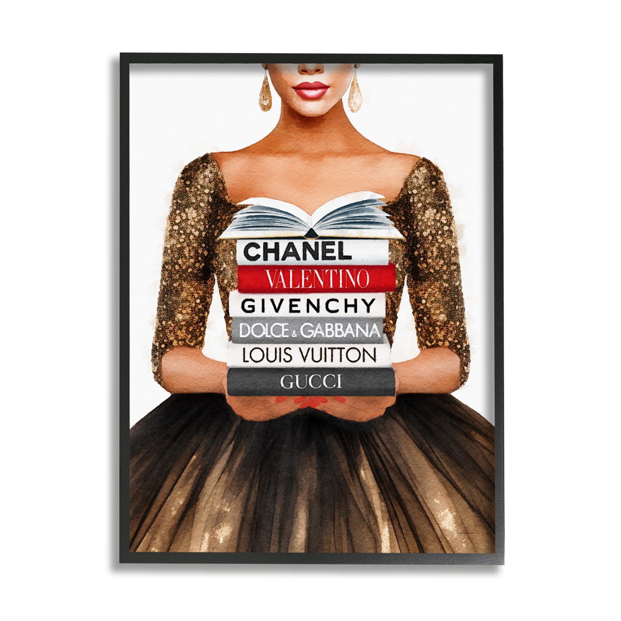 Stupell Industries Glam Girl & Bookstack Beauty & Fashion Painting Black Framed Art Print Wall Art, 16 x 20