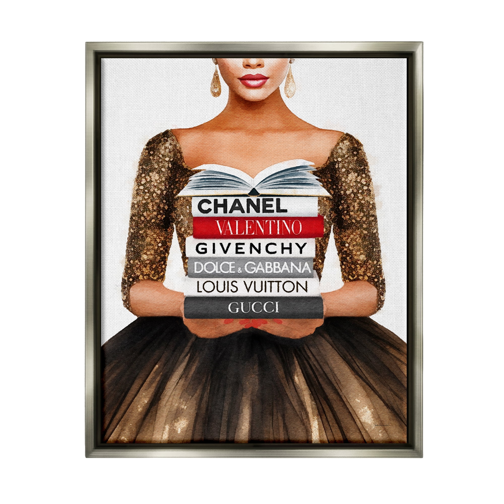 Stupell Industries Glam Girl & Bookstack Beauty & Fashion Painting Gray Floater Framed Canvas Art Print Wall Art, 25 x 31