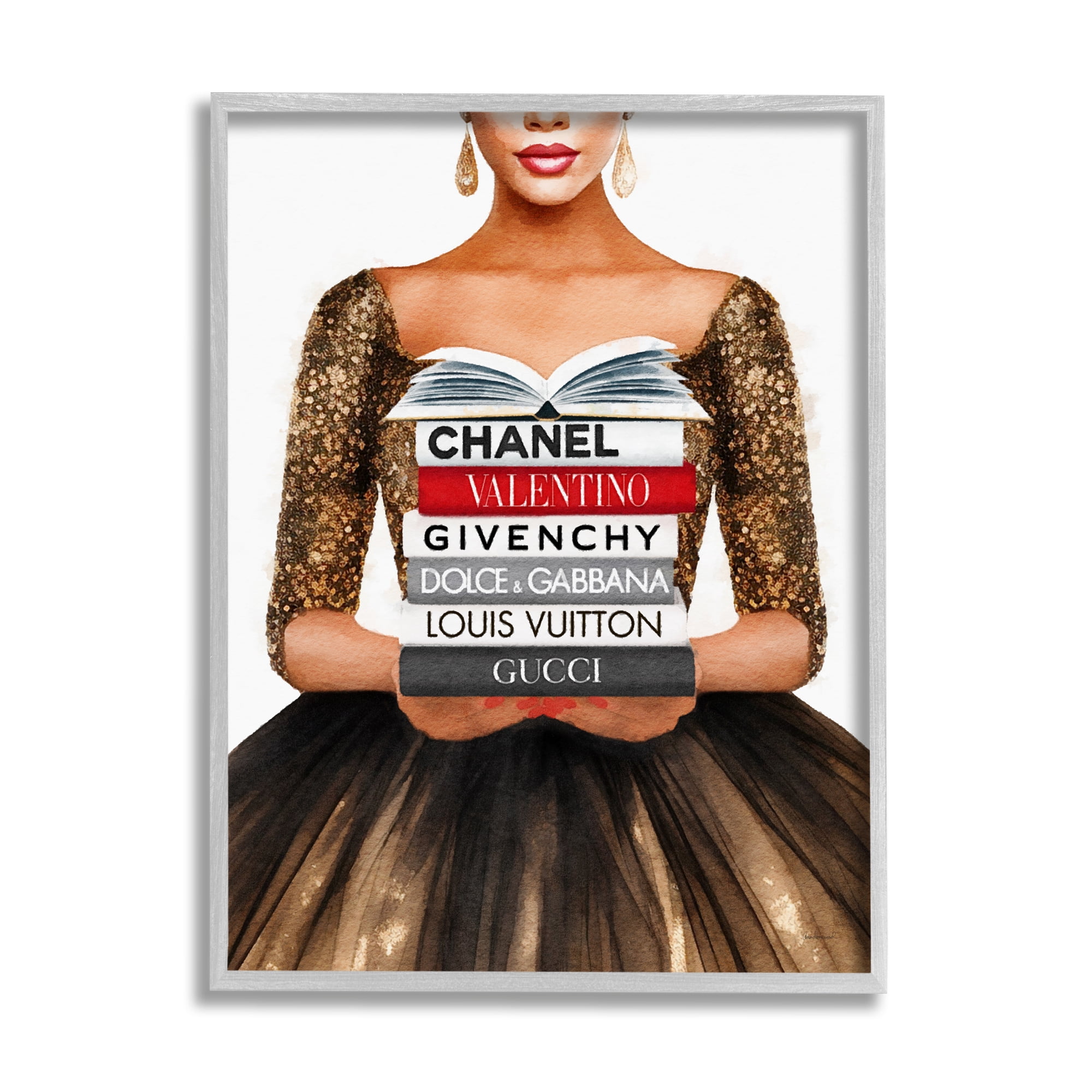 Stupell Industries Glam Girl & Bookstack Beauty & Fashion Painting Gray Framed Art Print Wall Art, 11 x 14