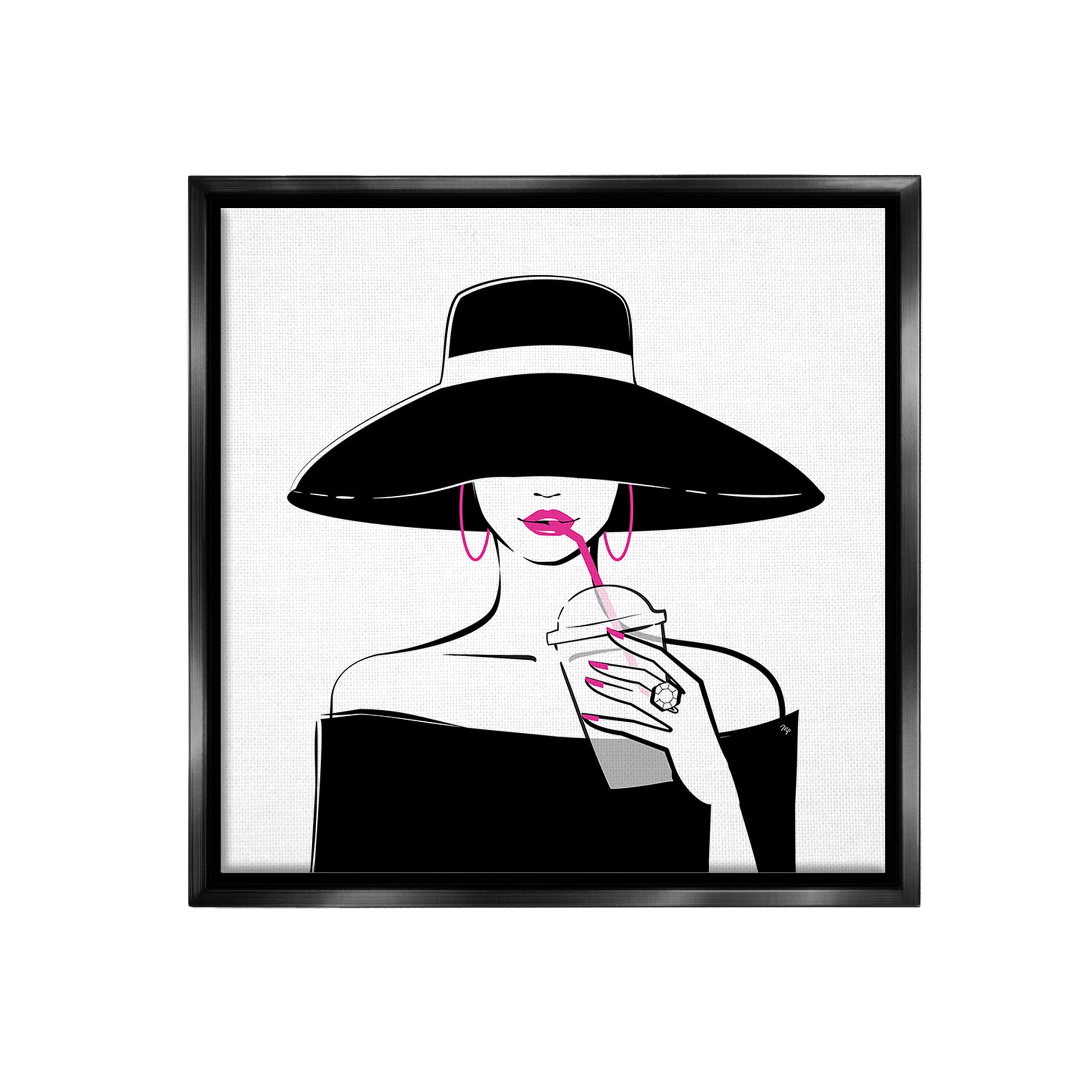 Stupell Industries Glam Girl & Iced Coffee Food & Beverage Painting Black Floater Framed Canvas Art Print Wall Art, 18 x 18