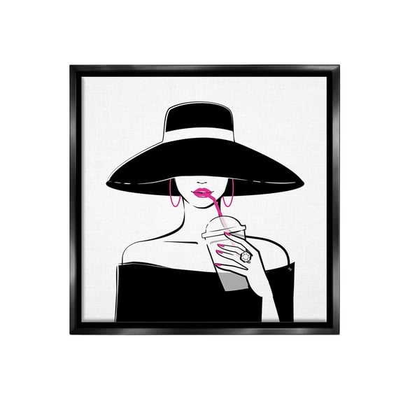 Stupell Industries Glam Girl & Iced Coffee Food & Beverage Painting Black Floater Framed Canvas Art Print Wall Art, 18 x 18