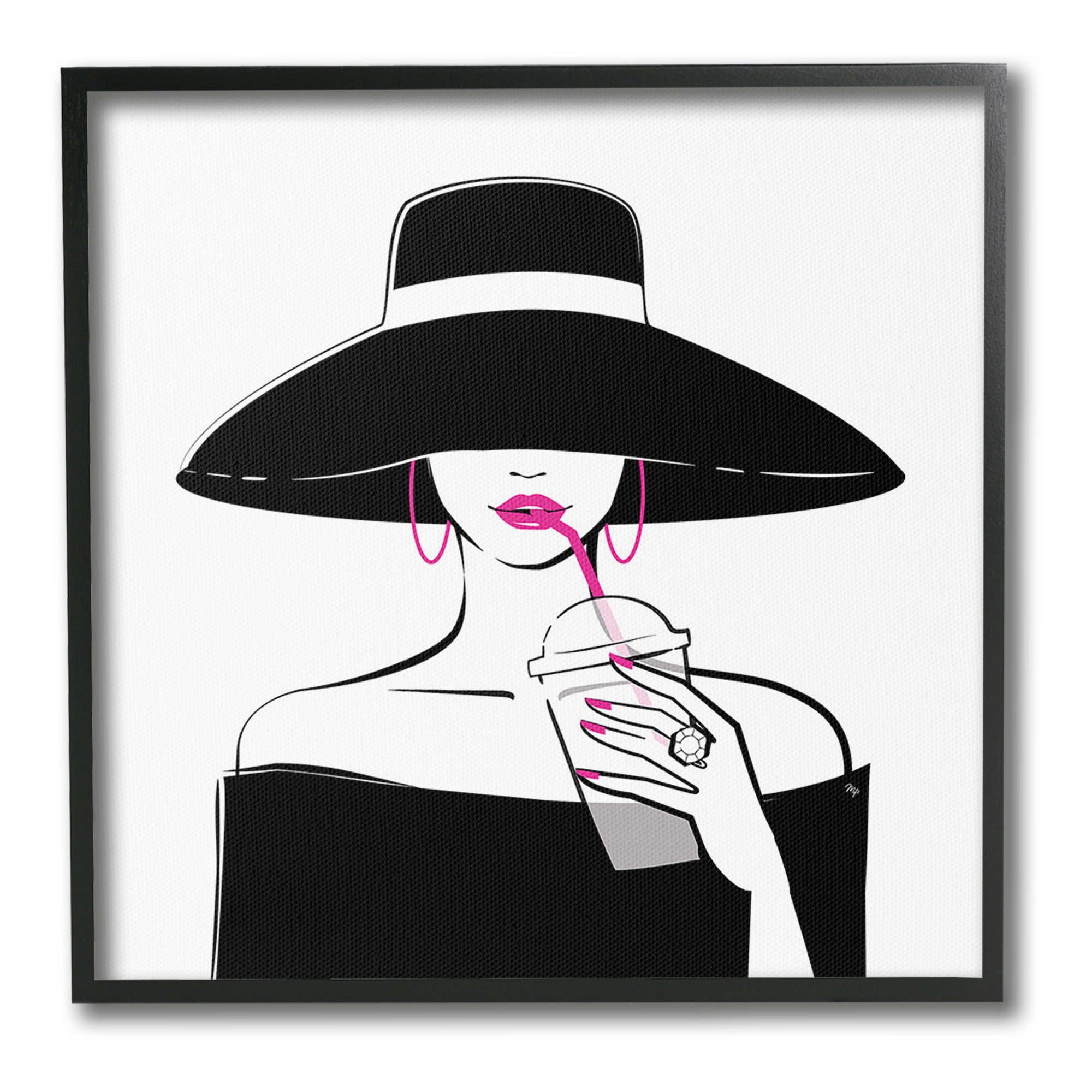 Stupell Industries Glam Girl & Iced Coffee Food & Beverage Painting Black Framed Art Print Wall Art, 24 x 24