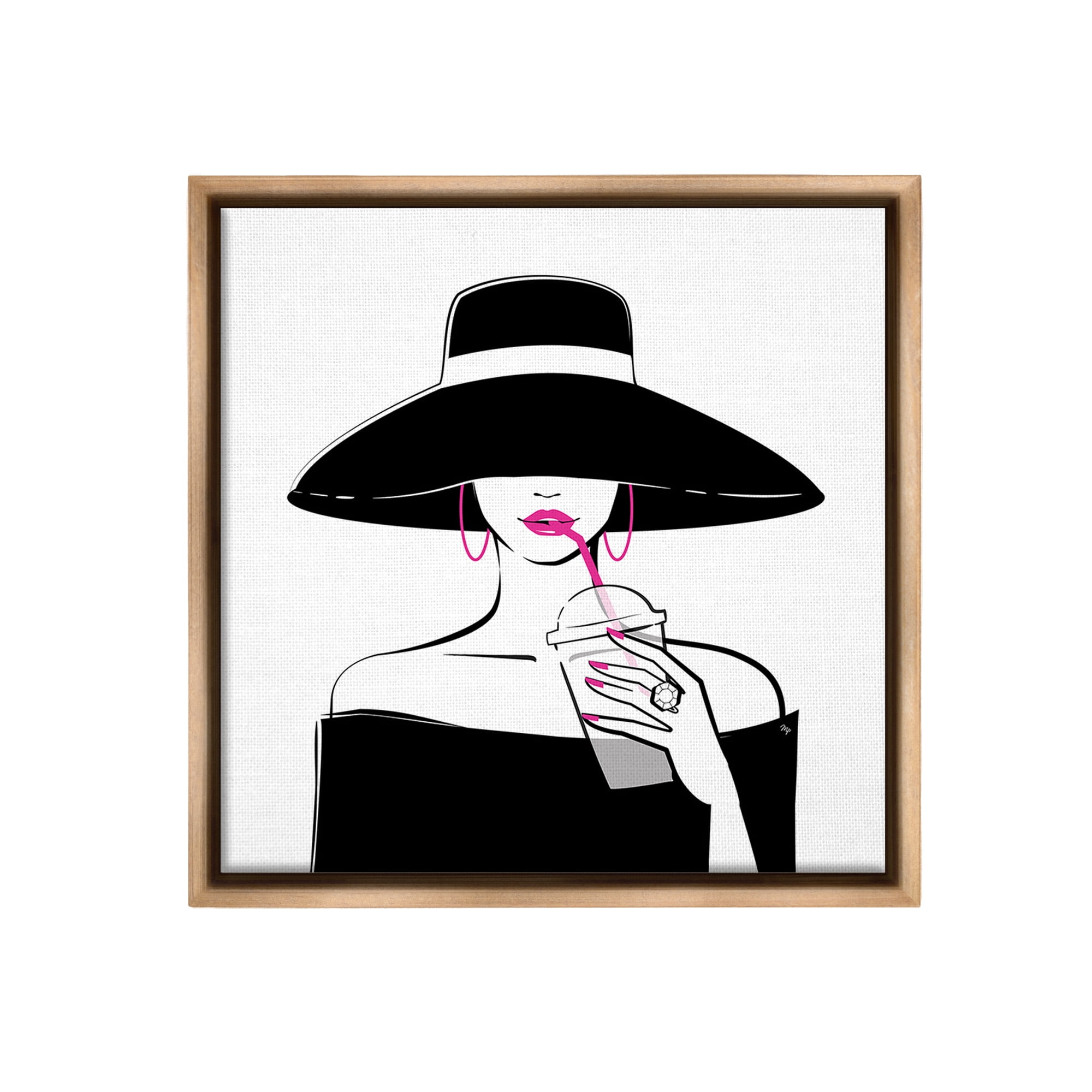 Stupell Industries Glam Girl & Iced Coffee Food & Beverage Painting Brown Floater Framed Canvas Art Print Wall Art, 18 x 18