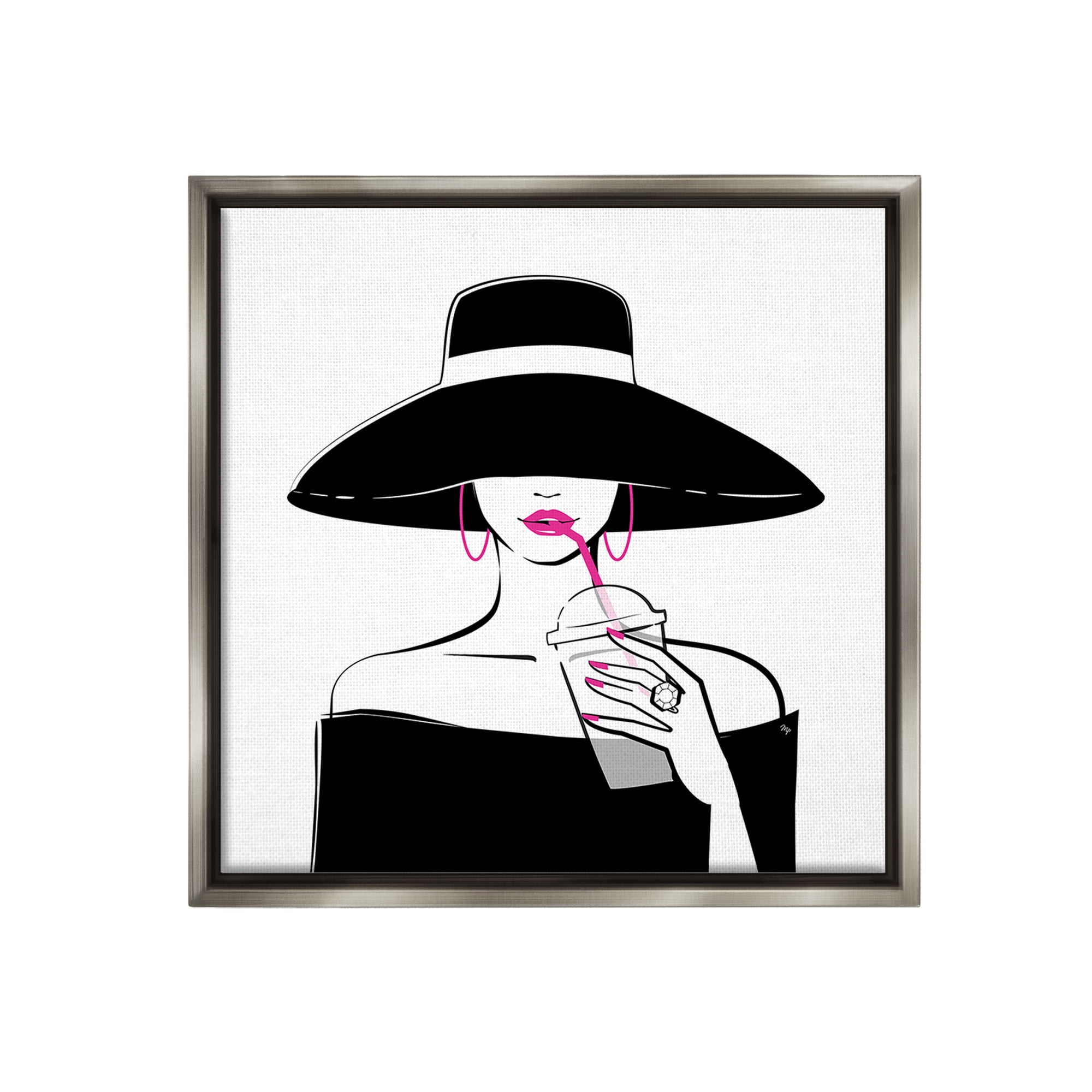 Stupell Industries Glam Girl & Iced Coffee Food & Beverage Painting Gray Floater Framed Canvas Art Print Wall Art, 25 x 25