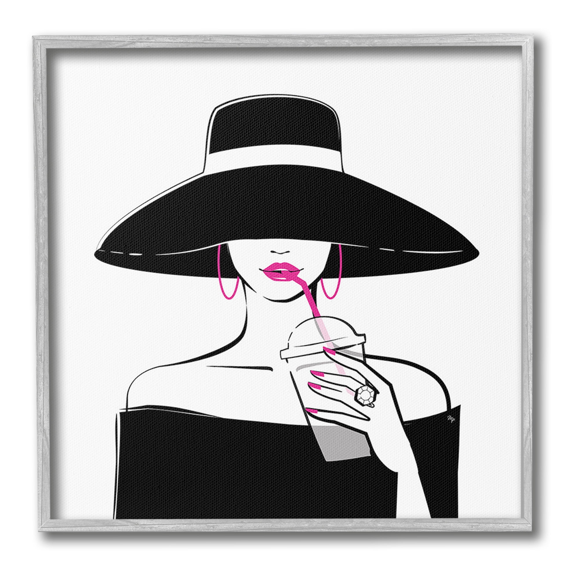 Stupell Industries Glam Girl & Iced Coffee Food & Beverage Painting Gray Framed Art Print Wall Art, 17 x 17