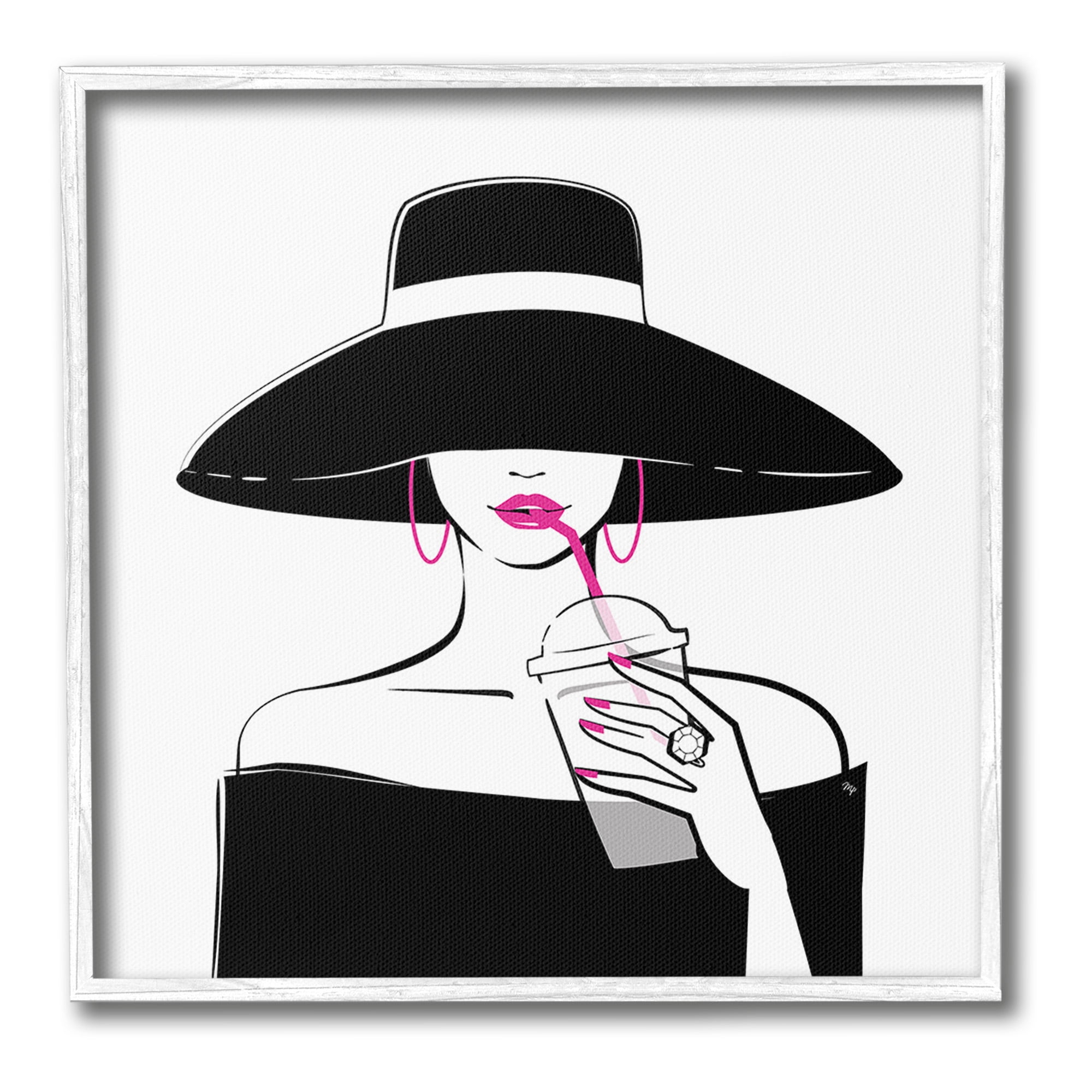 Stupell Industries Glam Girl & Iced Coffee Food & Beverage Painting White Framed Art Print Wall Art, 17 x 17