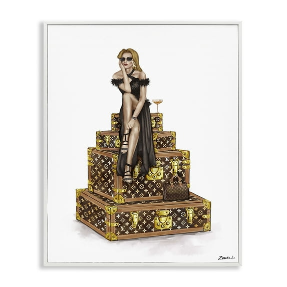 Stupell Industries Glam Girl Perched on Cases White Framed Giclee Art design by Ziwei Li, 20 x 16