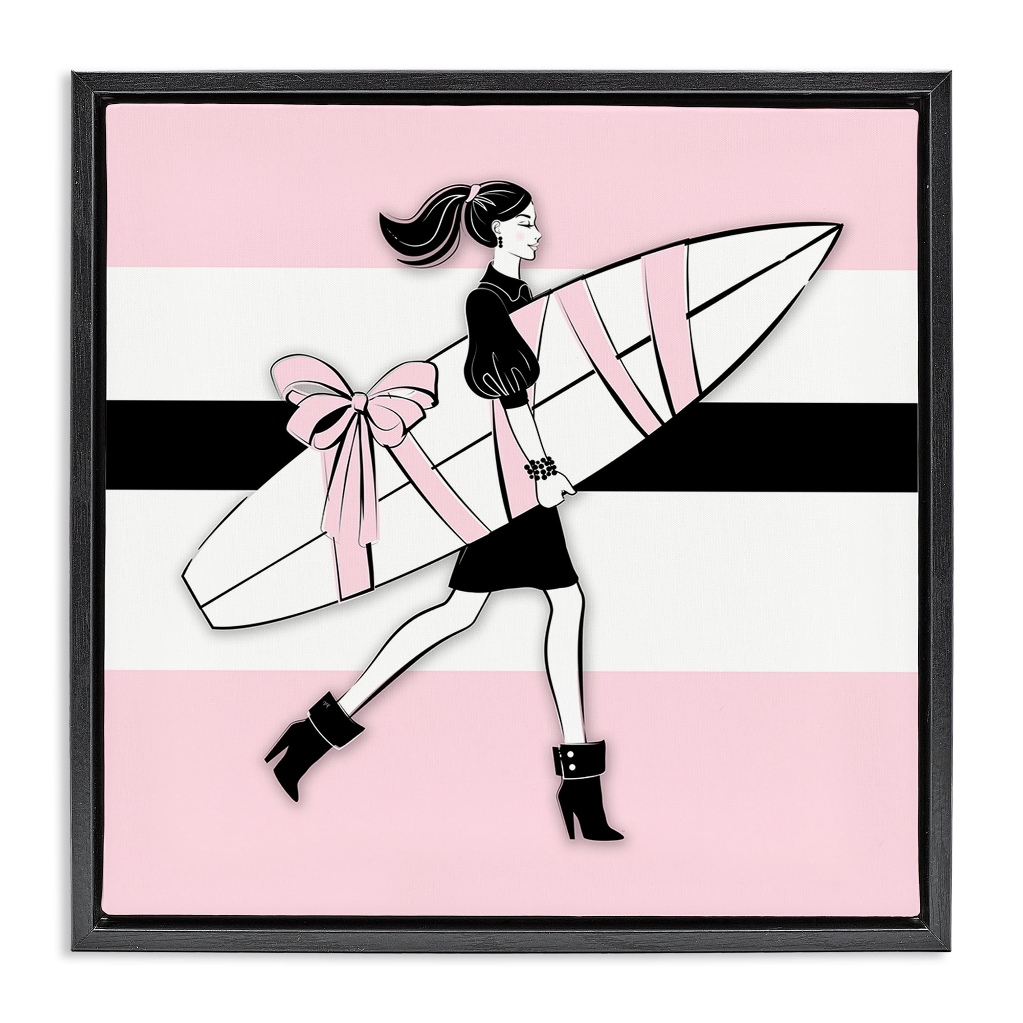 Stupell Industries Glam Girl With Surfboard Novelty Painting Black Floater Framed Art Print Wall Art, 25 x 25