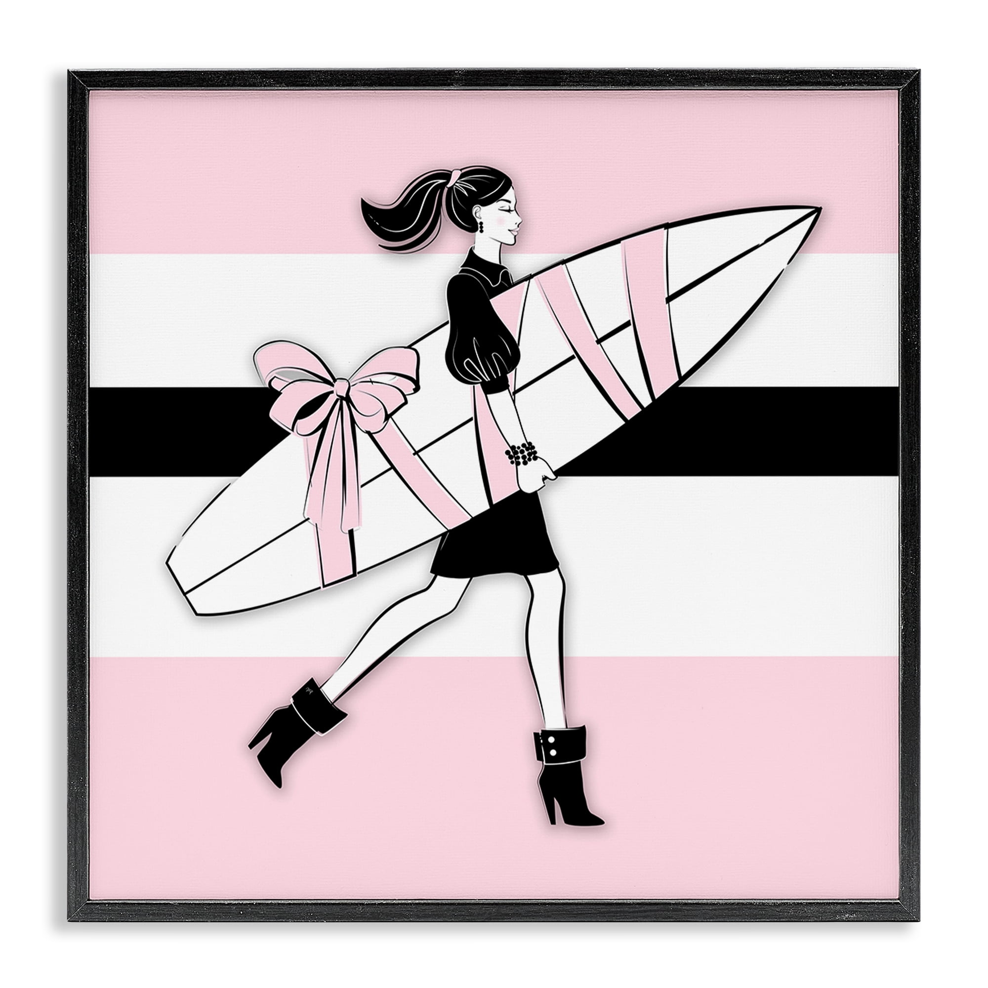 Stupell Industries Glam Girl With Surfboard Novelty Painting Black Framed Art Print Wall Art, 12 x 12