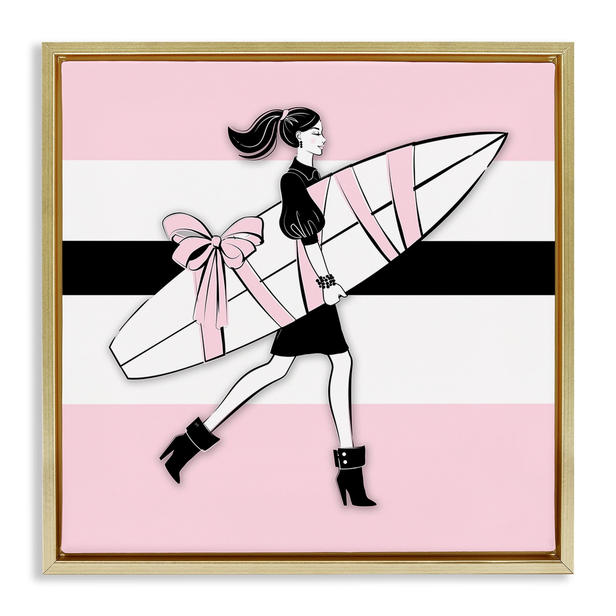Stupell Industries Glam Girl With Surfboard Novelty Painting Gold Floater Framed Art Print Wall Art, 25 x 25