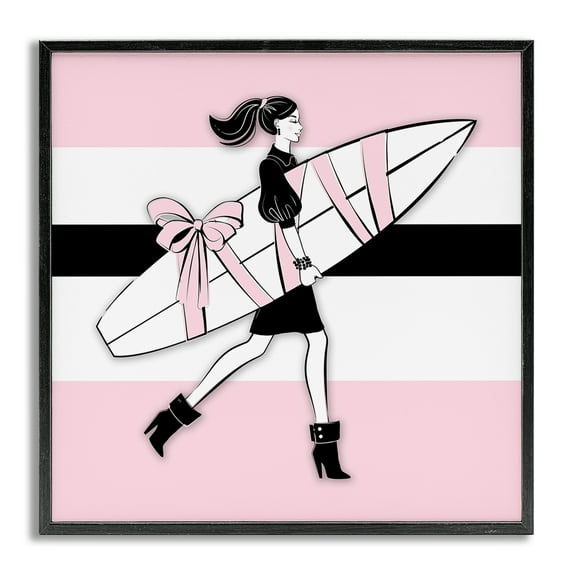 Stupell Industries Glam Girl With Surfboard Novelty Painting Gray Framed Art Print Wall Art, 12 x 12