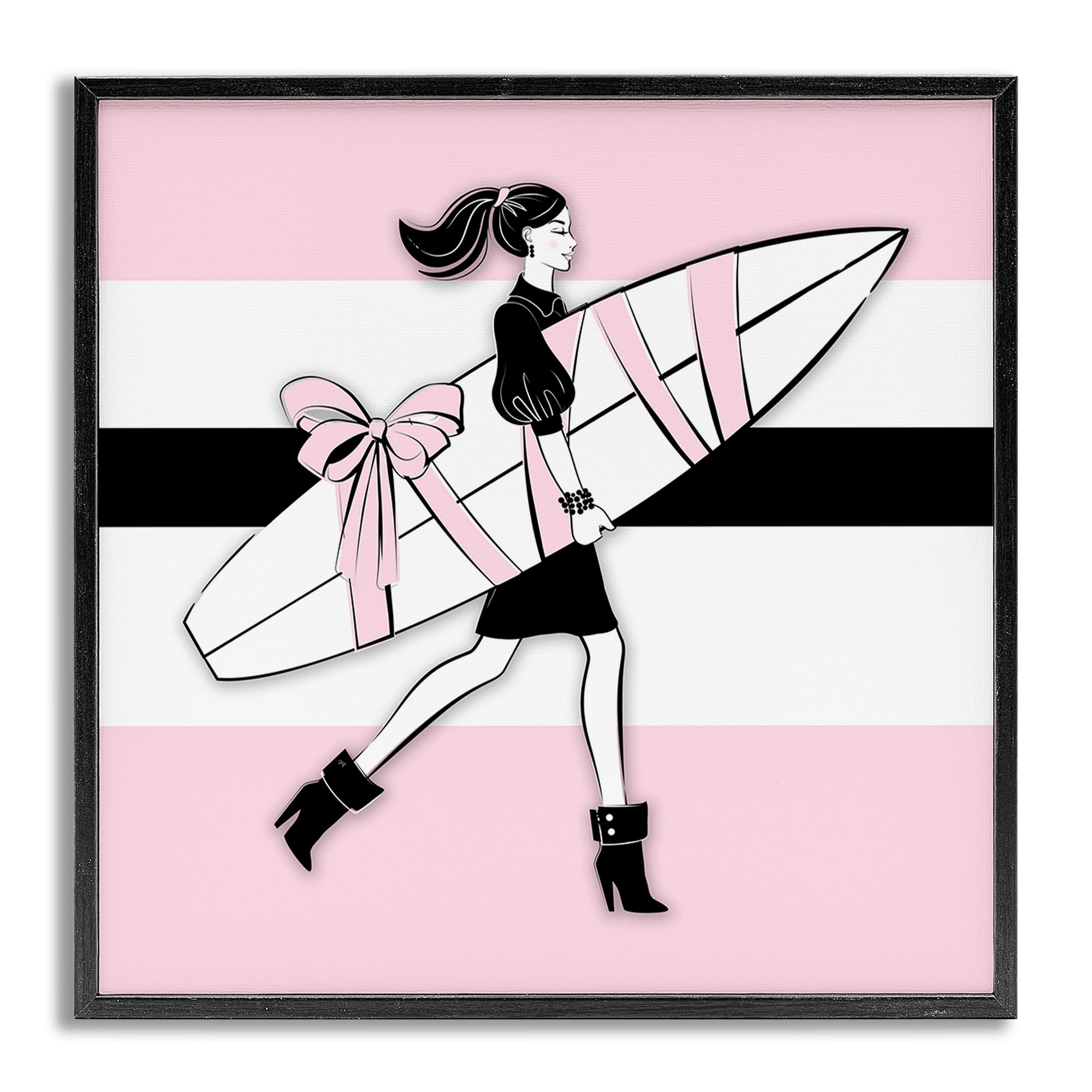 Stupell Industries Glam Girl With Surfboard Novelty Painting Gray Framed Art Print Wall Art, 17 x 17