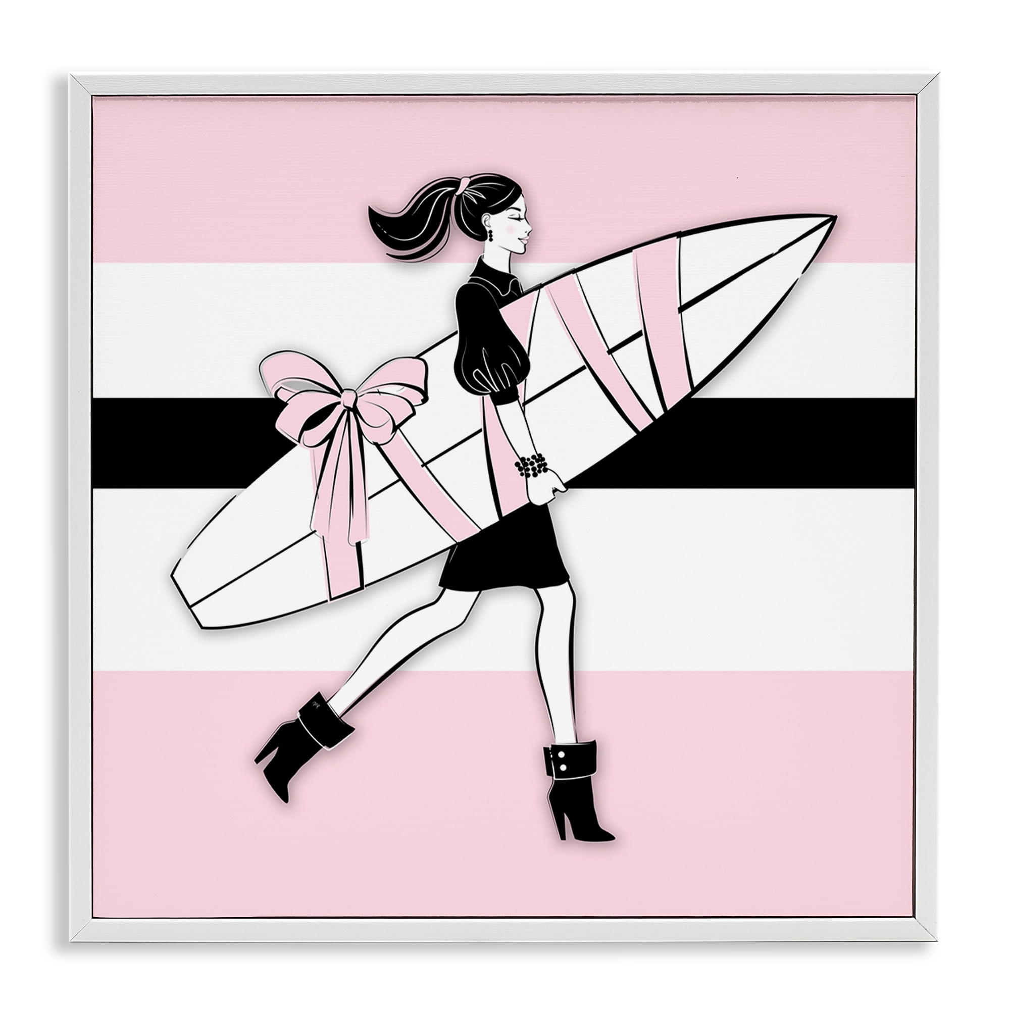 Stupell Industries Glam Girl With Surfboard Novelty Painting White Framed Art Print Wall Art, 12 x 12