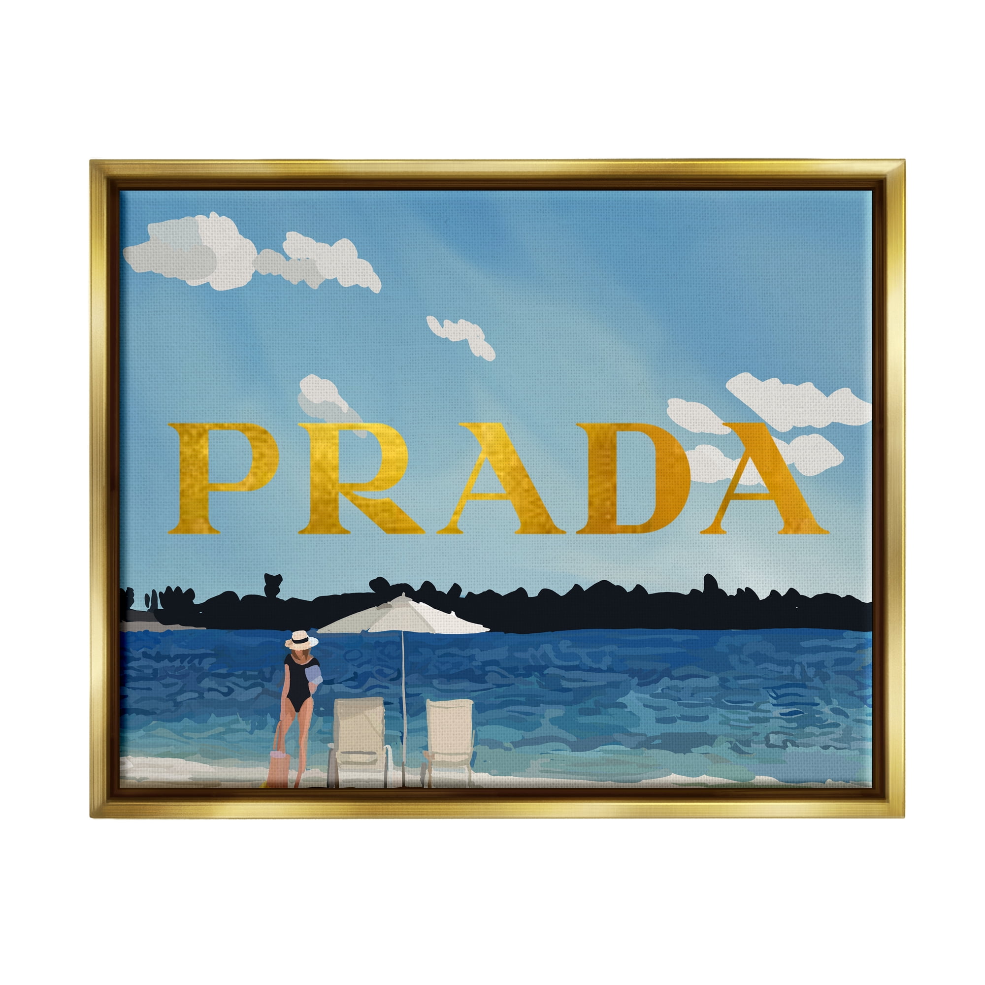 Stupell Industries Glam Girl on Beach Nature Painting Gold Floater Framed Canvas Art Print Wall Art, 21 x 17