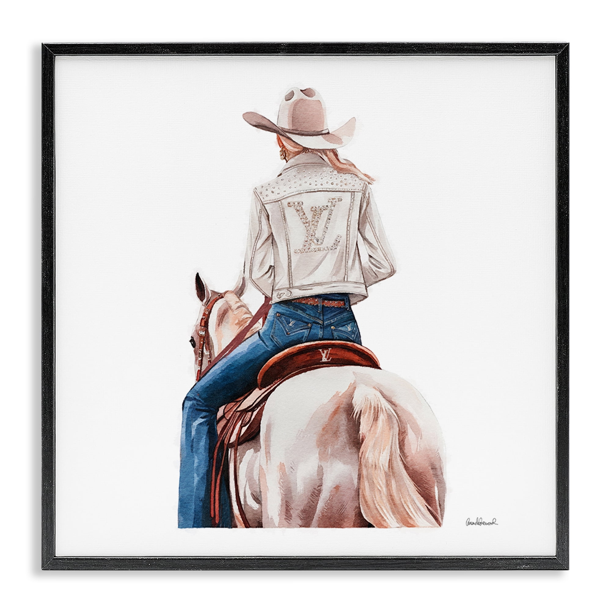 Stupell Industries Glam Girl on White Horse People Painting Black Framed Art Print Wall Art, 24 x 24