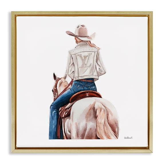 Stupell Industries Glam Girl on White Horse People Painting Gold Floater Framed Canvas Art Print Wall Art, 18 x 18