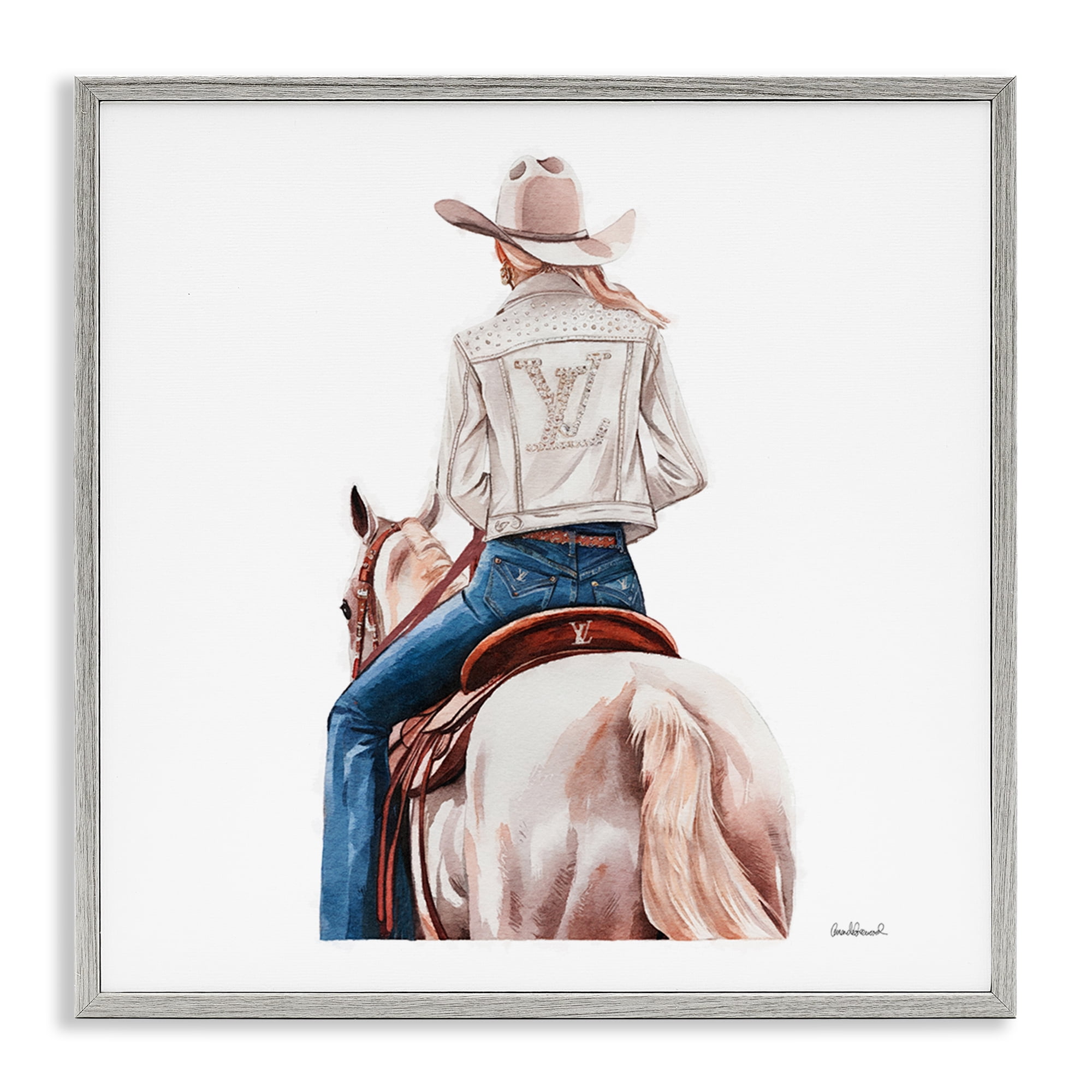 Stupell Industries Glam Girl on White Horse People Painting Gray Framed Art Print Wall Art, 12 x 12