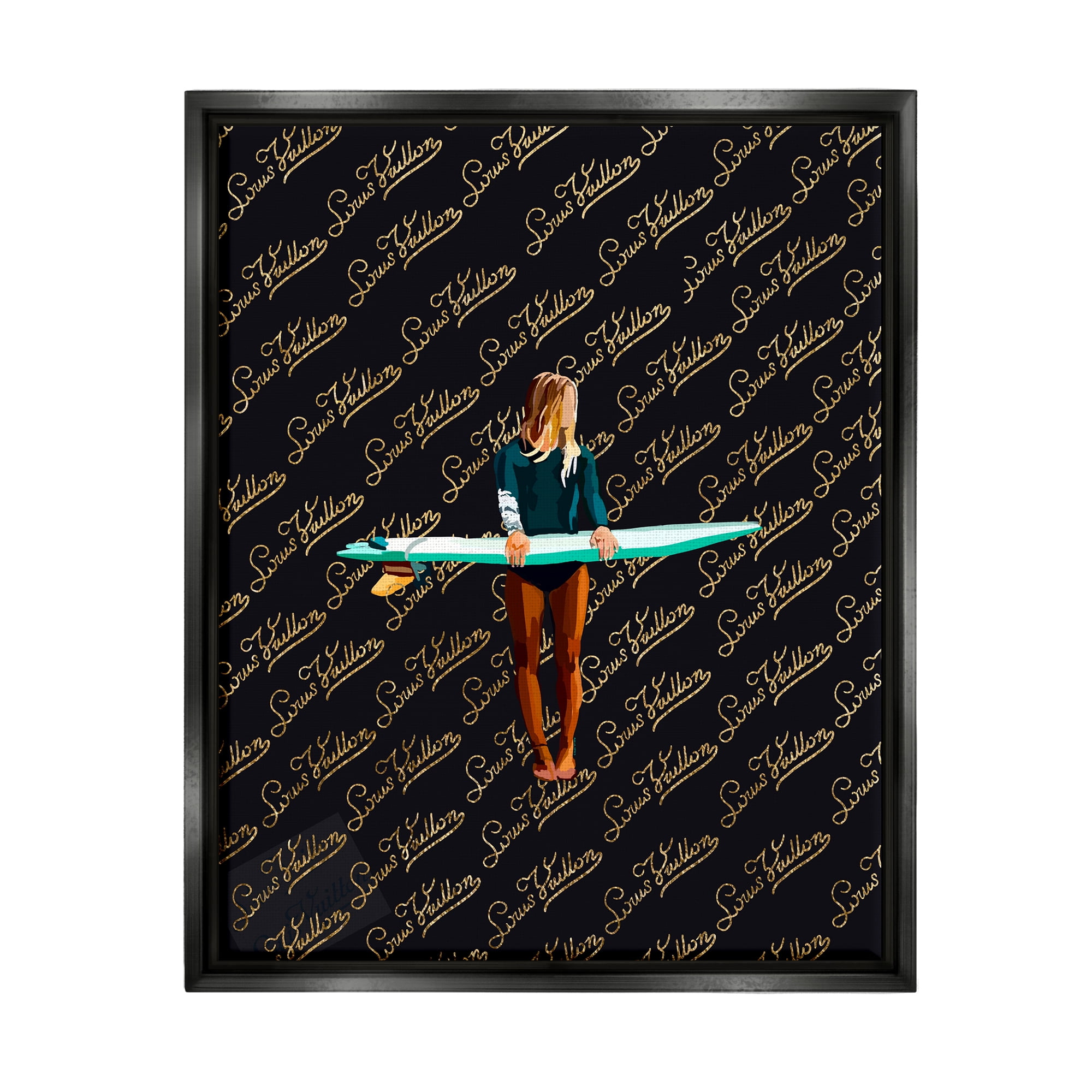 Stupell Industries Glam Girl with Surfboard Sports Painting Black Floater Framed Canvas Art Print Wall Art, 25 x 31