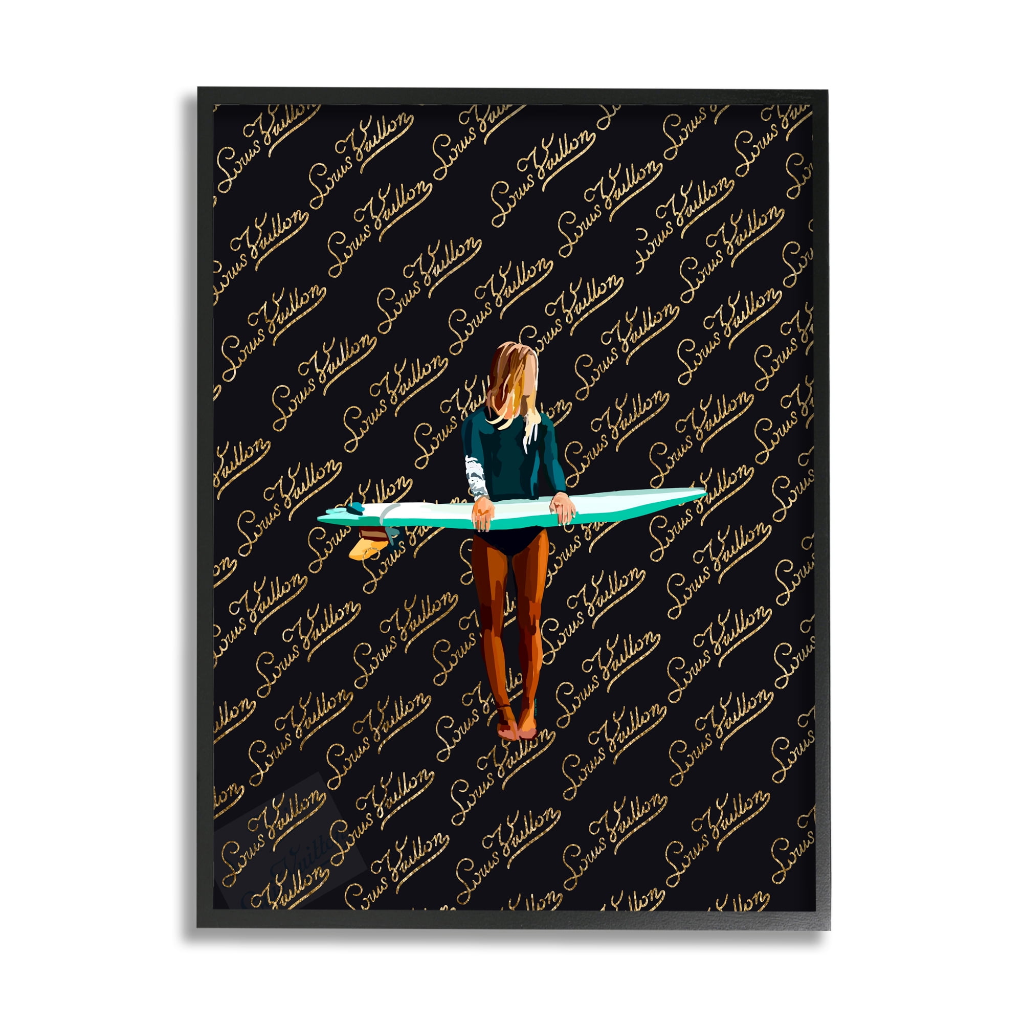 Stupell Industries Glam Girl with Surfboard Sports Painting Black Framed Art Print Wall Art, 11 x 14